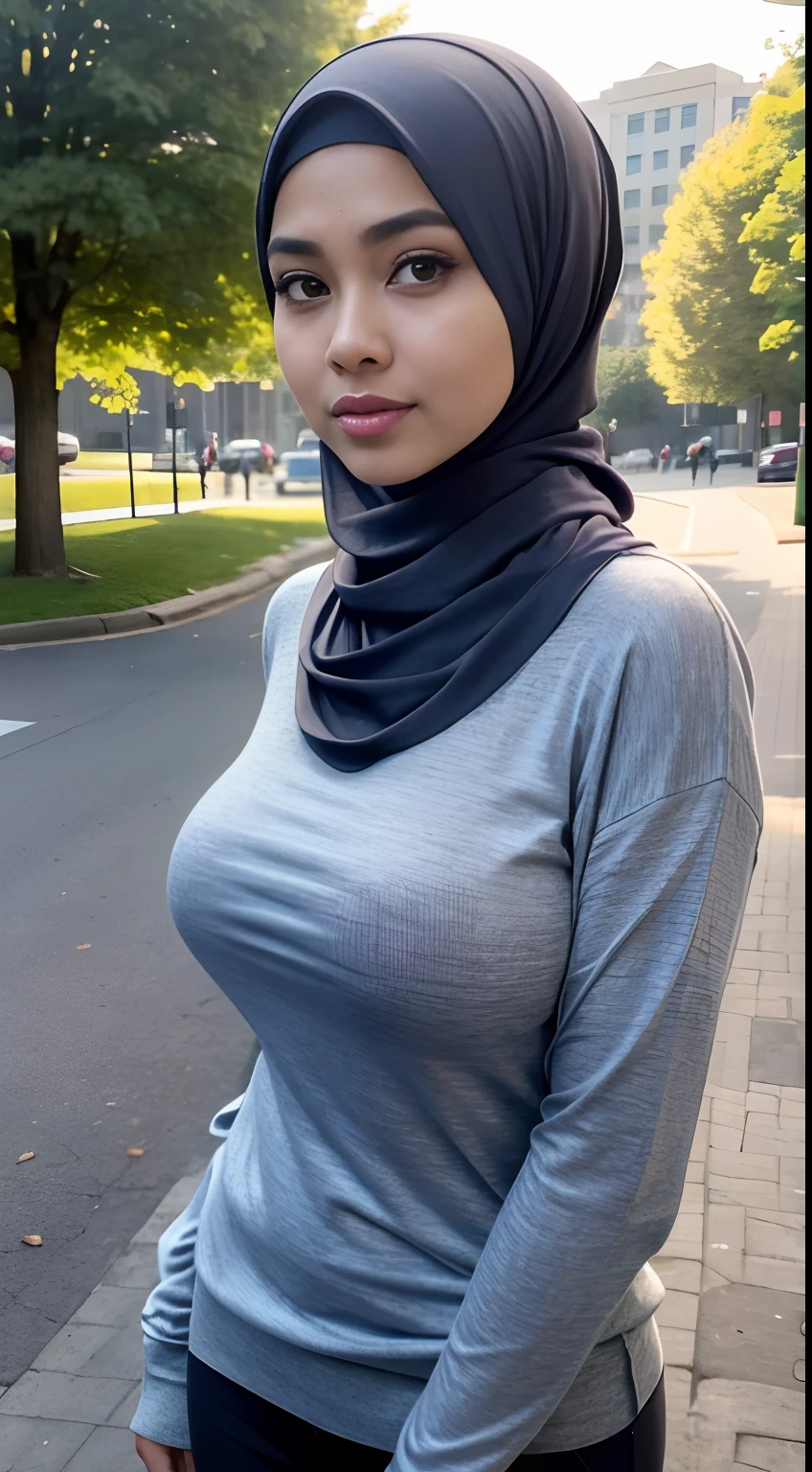 RAW, Best quality, high resolution, Masterpiece: 1.3), Beautiful Malay woman in hijab, Masterpiece, Perfect slim body, (Big breasts), Beautiful big eyes, Soft smile, Wearing a long, fine knit turtleneck t-shirt,Hair tie, morning walk, City park, Good lighting, Bright colors, Clean lines
