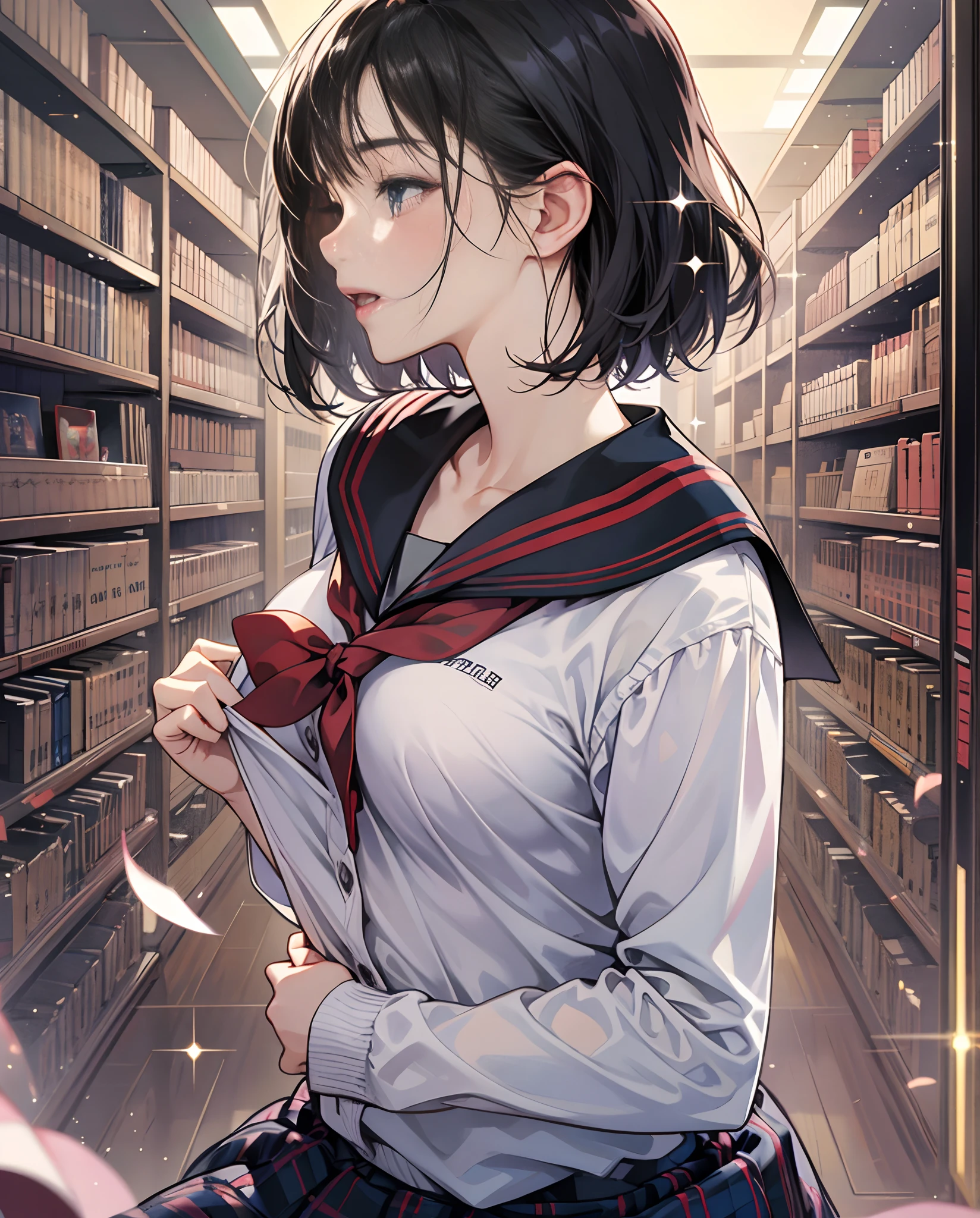 (Ultra Detailed,Detailed Face,A detailed eye,detailed skin,sparkly skin:1.2),Detailed background,(8K, Best Quality, RAW photo),(Masterpiece:1.4),(High Resolution:1.4),NSFW,
(1 man and 1 girl,Sex:1.2),hugging from behind,Standing,1 Nogizaka girl,black hair,Short hair, straight hair,(school uniform:1.4),Smile,Lift your chest,half ???????,Accentuate the rib cage,
BREAK,(Average Breasts,:1.4),lib_BG,Modern interior,library,hair above the eyes,(1girl with open legs:1.2),
BREAK,Hentai reverse suspended Congress(Sex position),covered eyes, Sleepy,open mouth,(side glance:1.2),