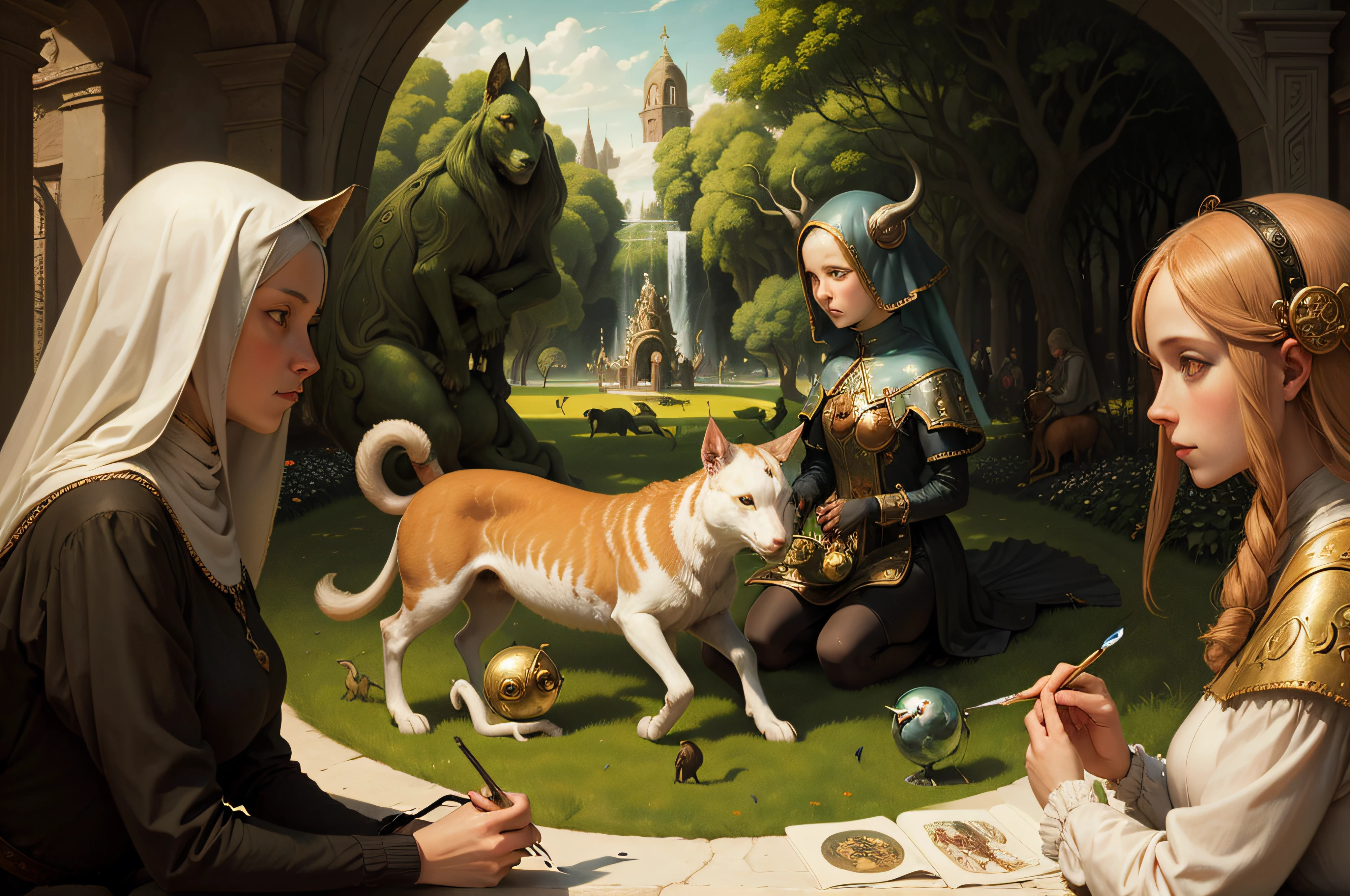 naked Forest horny skinny girl with long legs, eyes same color big pussy, hairy pussy, masturbating in front of Seven Dwarfs with large penises, Magical forest.