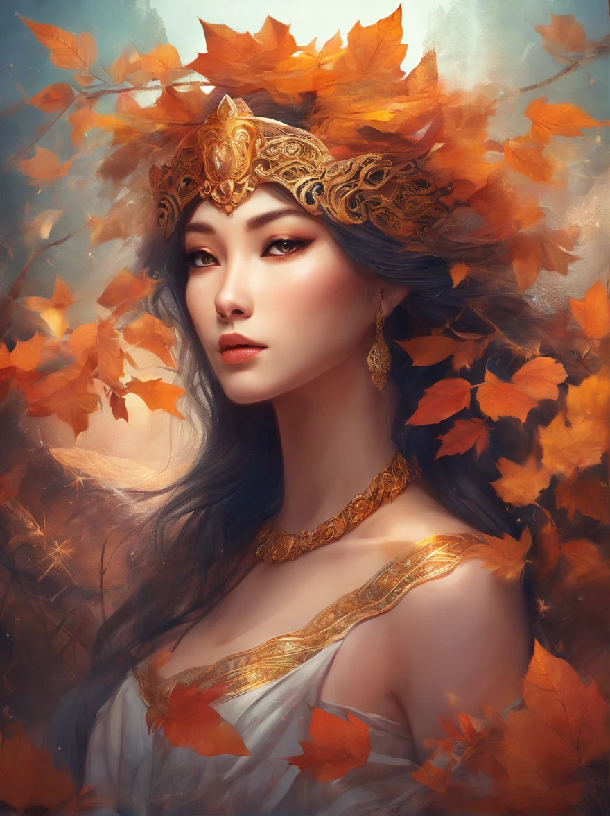 White face and white head,European woman holding autumn leaves,Close-up of the front of the face,closeup of face,Precise structure,The facial features are focused and precise, beautiful fantasy portrait, beautiful fantasy art portrait, Beautiful surreal portrait, fantasy portrait, fantasy art portrait, detailed matte fantasy portrait, portrait of a dark fantasy nymph, Asian goddess, Beautiful digital artwork, gorgeous digital art,Background fantastic black surreal,Beautiful young goddess,Colors are highly saturated and harmonious, Fantasy art Behance,Cinematic light and shadow,high-definition HD