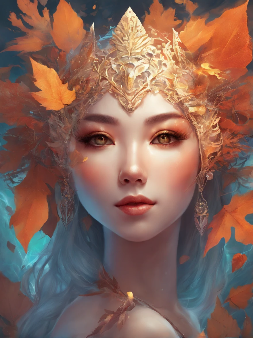 White face and white head,European woman holding autumn leaves,Close-up of the front of the face,closeup of face,Precise structure,The facial features are focused and precise, beautiful fantasy portrait, beautiful fantasy art portrait, Beautiful surreal portrait, fantasy portrait, fantasy art portrait, detailed matte fantasy portrait, portrait of a dark fantasy nymph, Asian goddess, Beautiful digital artwork, gorgeous digital art,Background fantastic black surreal,Beautiful young goddess,Colors are highly saturated and harmonious, Fantasy art Behance,Cinematic light and shadow,high-definition HD