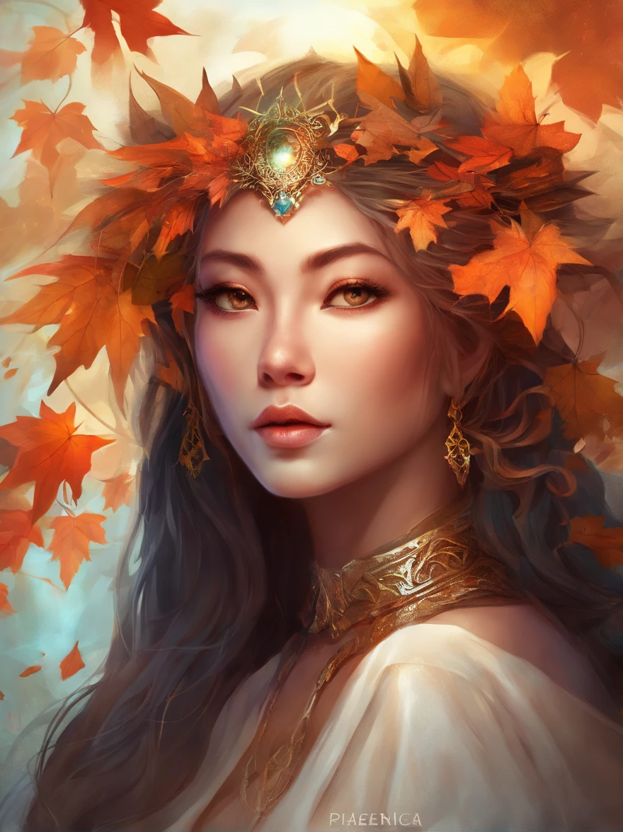 White face and white head，European woman holding autumn leaves，Close-up of the front of the face，closeup of face，Precise structure，The facial features are focused and precise， beautiful fantasy portrait, beautiful fantasy art portrait, Beautiful surreal portrait, fantasy portrait, fantasy art portrait, detailed matte fantasy portrait, portrait of a dark fantasy nymph, Asian goddess, Beautiful digital artwork, gorgeous digital art,Background fantastic black surreal，Beautiful young goddess,Colors are highly saturated and harmonious， Fantasy art Behance，Cinematic light and shadow，high-definition HD