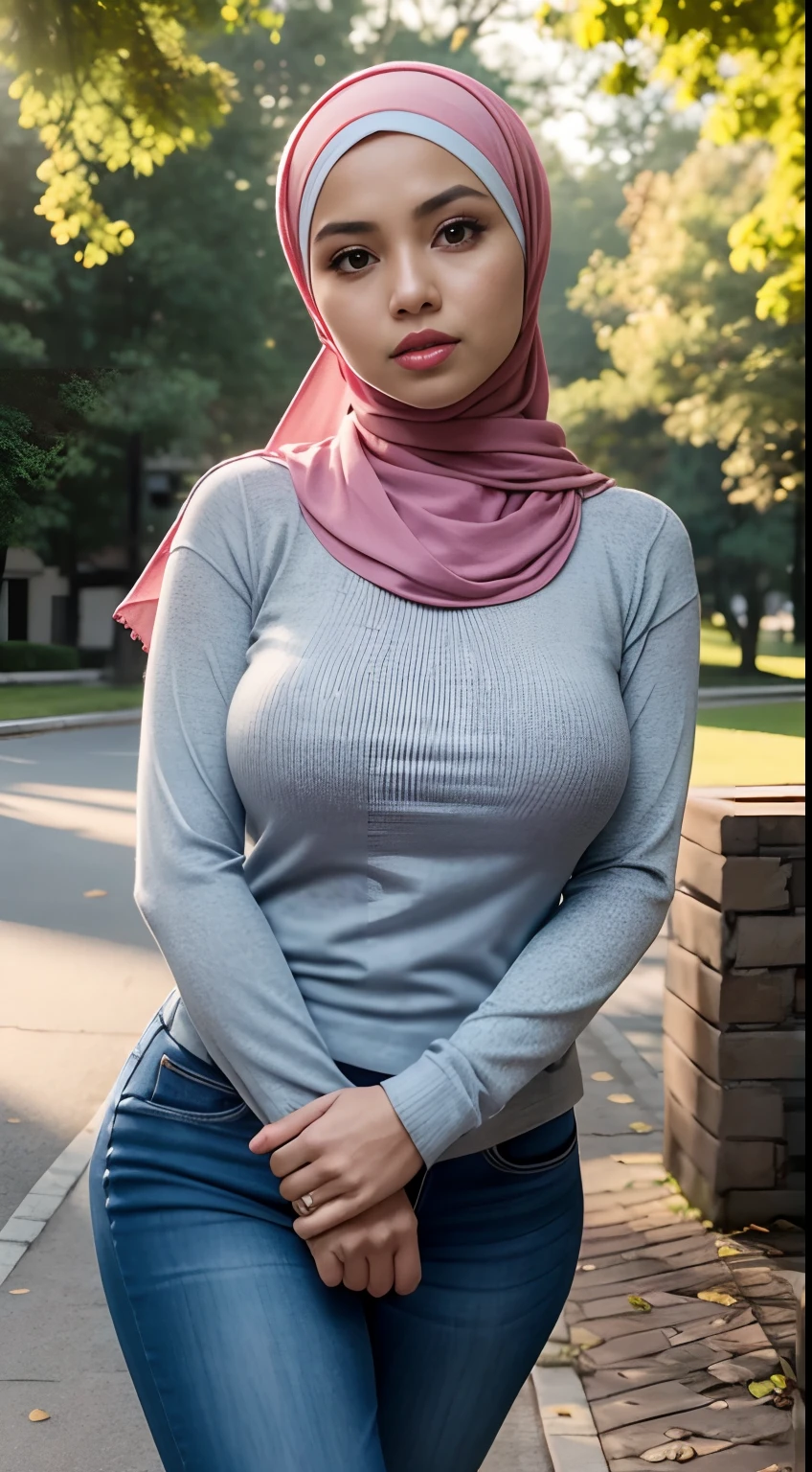 brunette woman, age 30 years old, weight 57 kg, height 167cm, eye color brown, long hijab, waist 60cm, bust 86cm, large breast, ((breast 85cm)) instagram LUT, photorealistic, , round cheek, slightly chubby, wearing a blue long sleeve sweater and blue hijab. Sweater pulled down, Full hijab on hair, posing for a photo, head tilted down, eye looking at viewer, angry eye, at volleyball court, playing volleyball, full body image, instagram model, beautiful model, beautiful young model, slightly hairy pussy