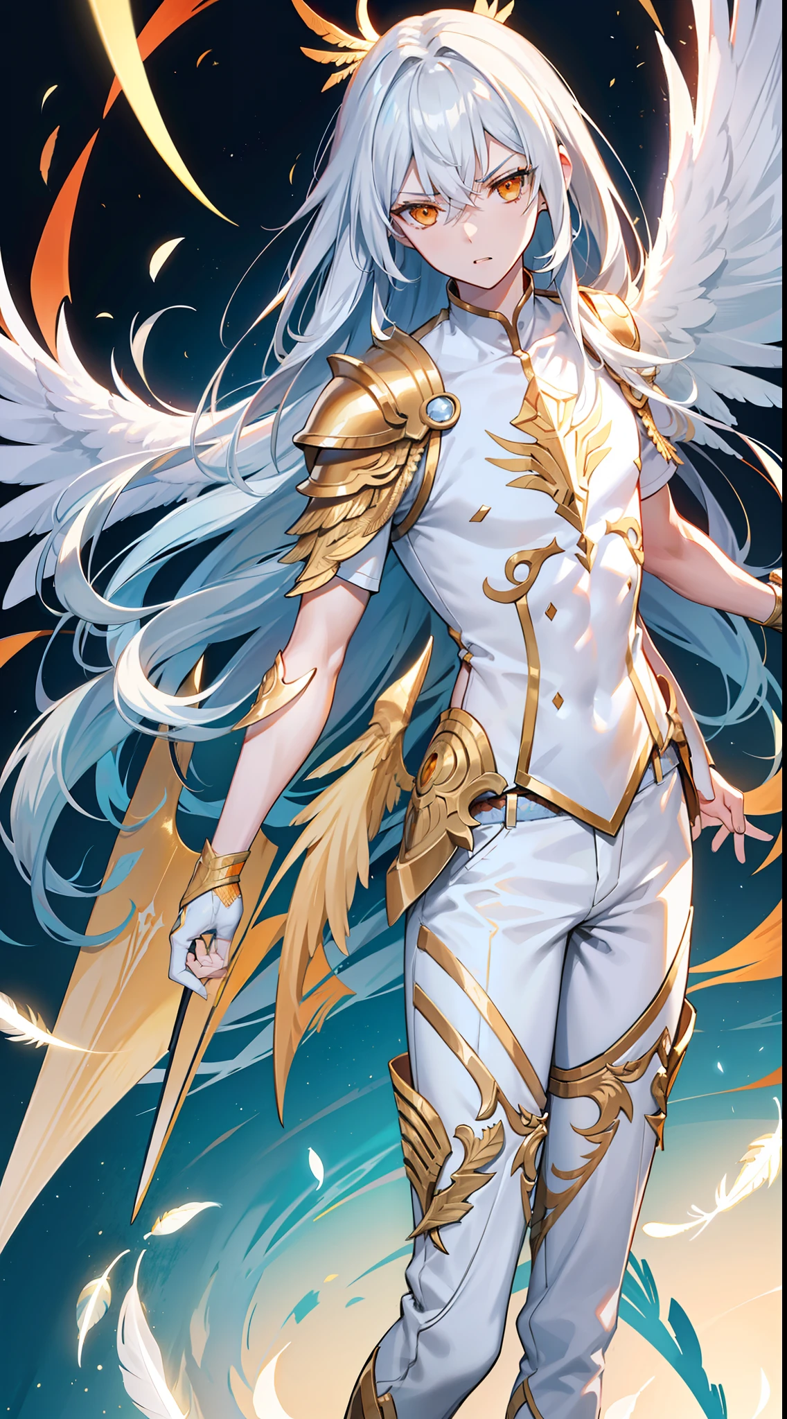 Tall guy, Long silver hair, Orange Eyes, white tight top, Blue Pants, Gold Elements, feathers, one wing, anger, 4k, HD, Good detail