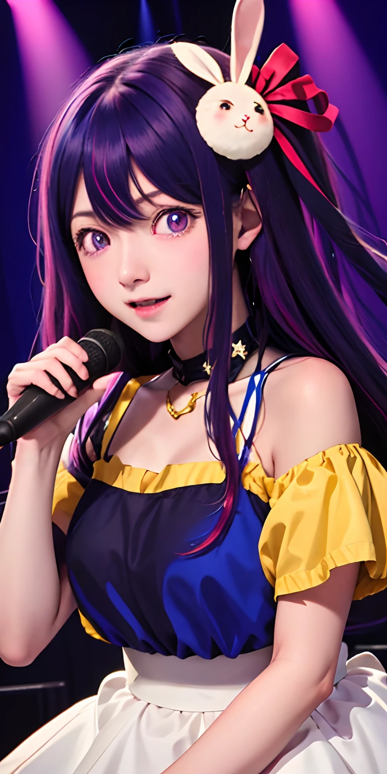 best quality, masterpiece, highres, solo, {hoshino_ai_oshinoko:1.15}, long_hair, purple_eyes, purple_hair, bangs, smile, symbol-shaped_pupils, multicolored_hair, star-shaped_pupils, 1girl, collarbone, hair_ornament, open_mouth, singing, virtual_youtuber, blush, closed_eyes, music, portrait, rabbit_hair_ornament, microphone, holding, holding_microphone, one_side_up