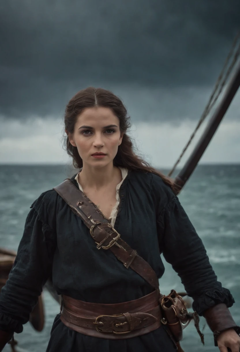 Barbarosha Hayreddin，Stand at the bow of the pirate ship，Wielding a giant sword，Painful expression，In the square，dark stormy clouds