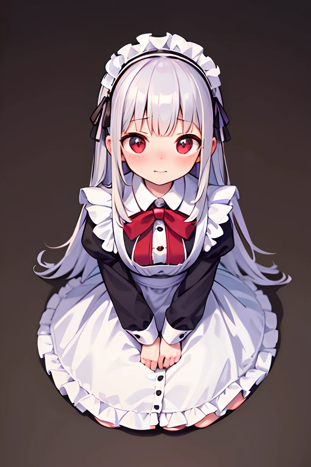 8K picture quality，silber hair,Red-eyed girl,cute little ,Long hair,Heartwarming,a miniskirt,****ta,A smile,Thumbnail styles，maid clothes，fluffly，Looking down from above,full body Esbian,heartbackground,Embarrassed expression