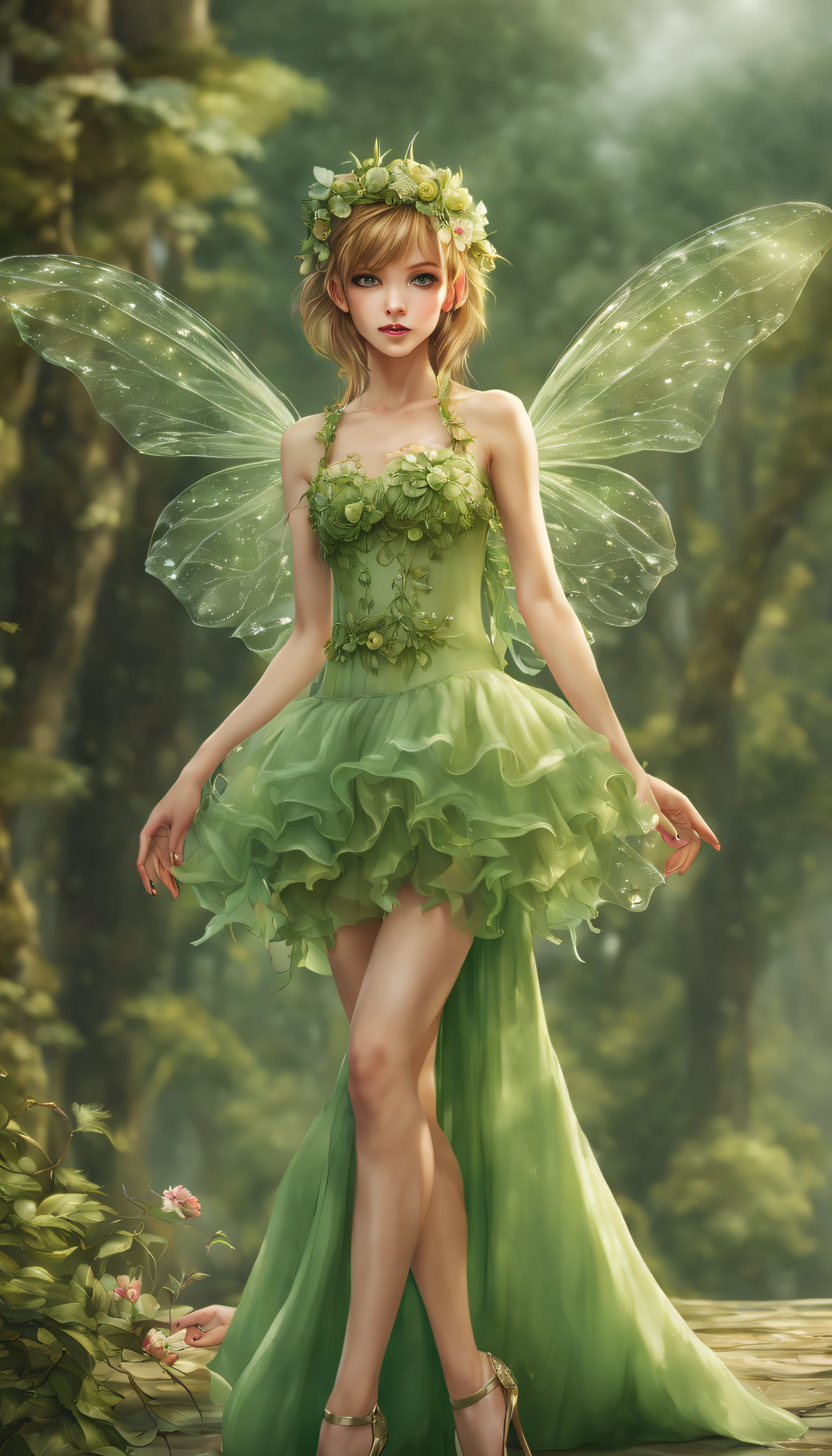 A young and beautiful fairy with a height of 30 cm stands, 12yo, transparent wings, light green costume, light green hat, light green high heels, looking at you from a distance, smiling, wide open eyes, looking at viewer, (random hairstyles), (full body:1.5), (photorealistic:1.4), Best quality, 8k, Masterpiece, raw photo, (wide angle lens:1.5), Ultra-detailed face, Detailed eyes, (((nice hand, perfect hand)))
