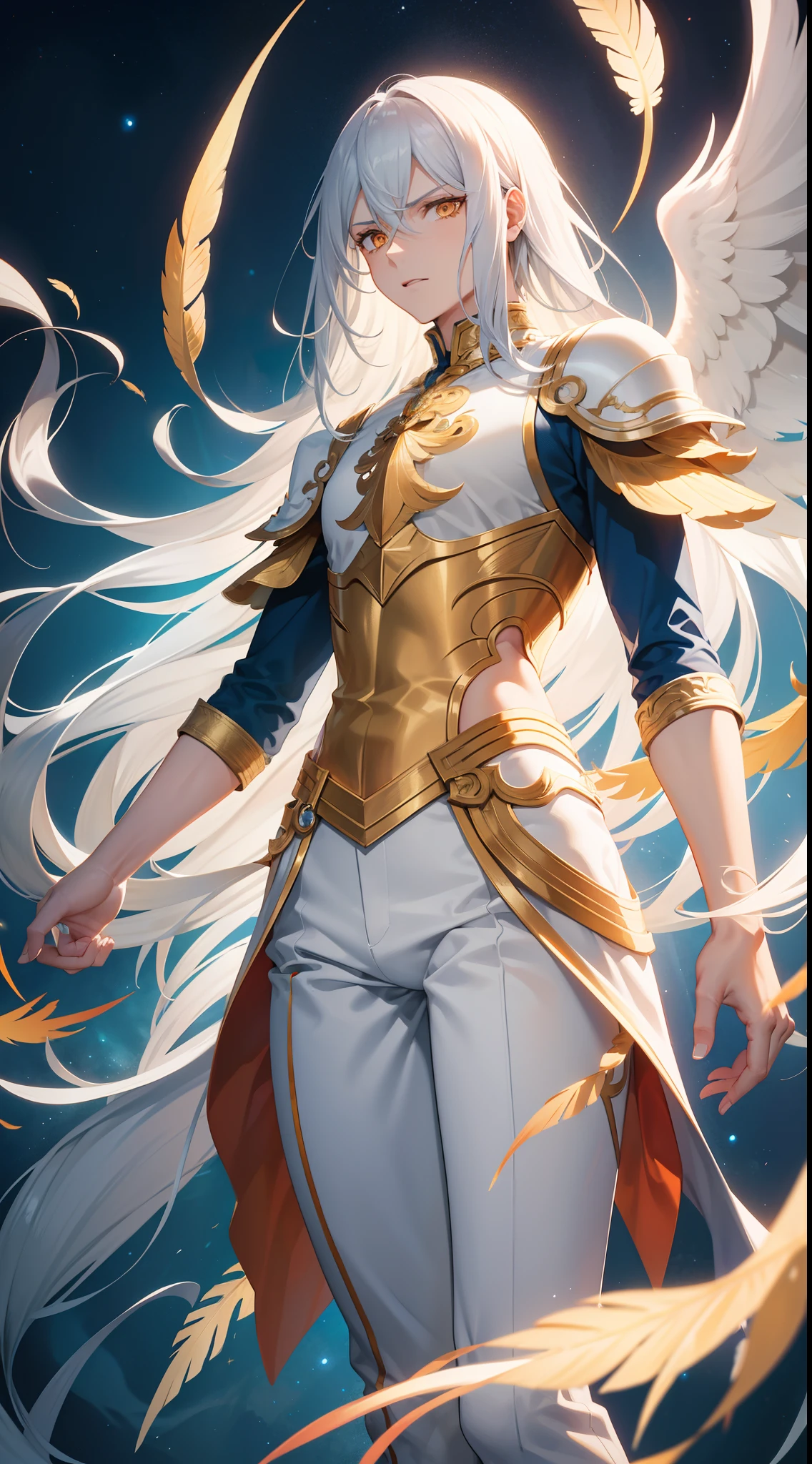 Tall guy, Long silver hair, Orange Eyes, white tight top, Blue Pants, Gold Elements, feathers, one wing, anger, 4k, HD, Good detail