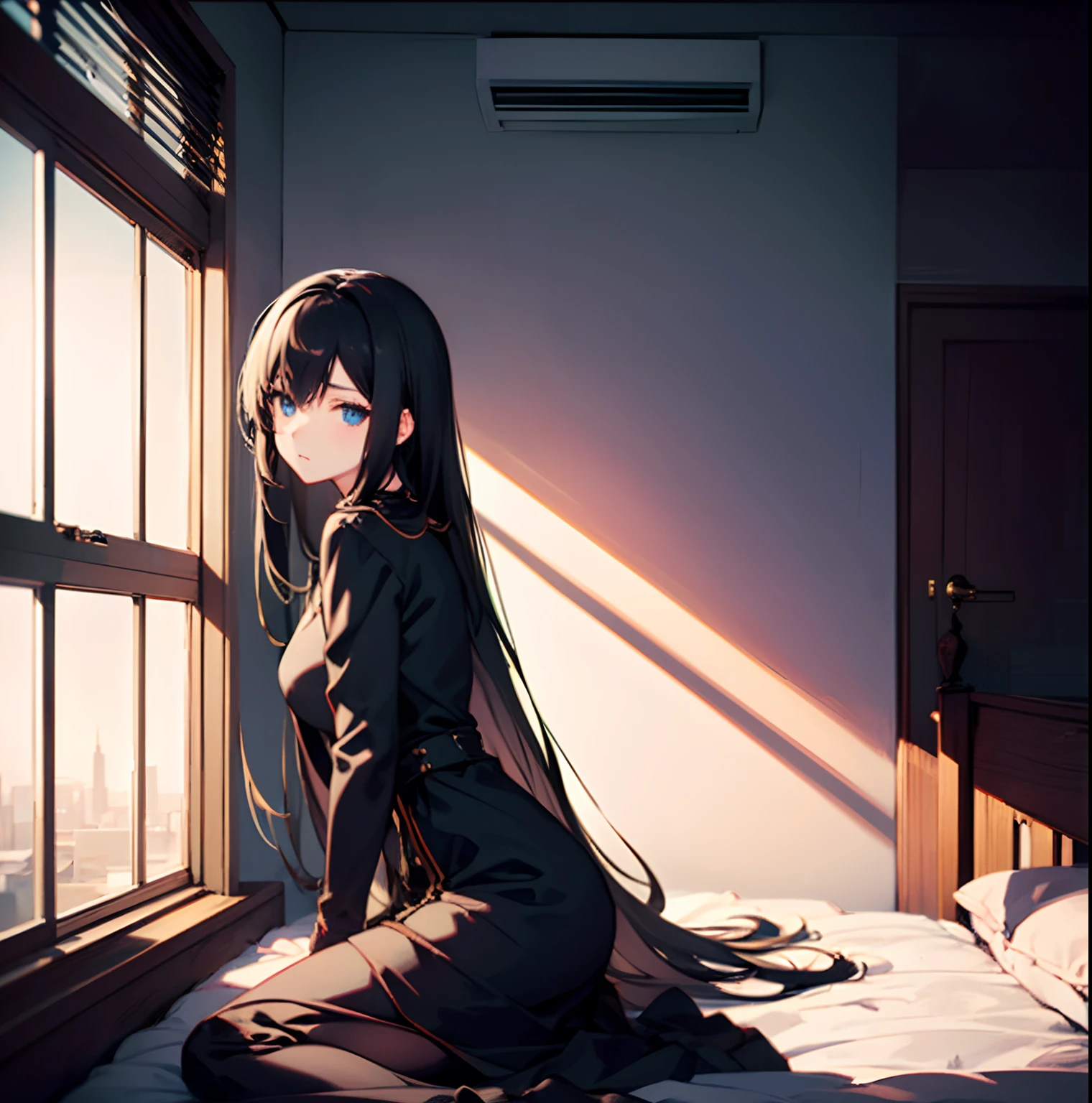 Bedrooms,(Grief represses 1.5),(A girl 1.9),(sitted),Long black hair,Blue-black dress,grieves,(Dark Environment 1.3),By the window。