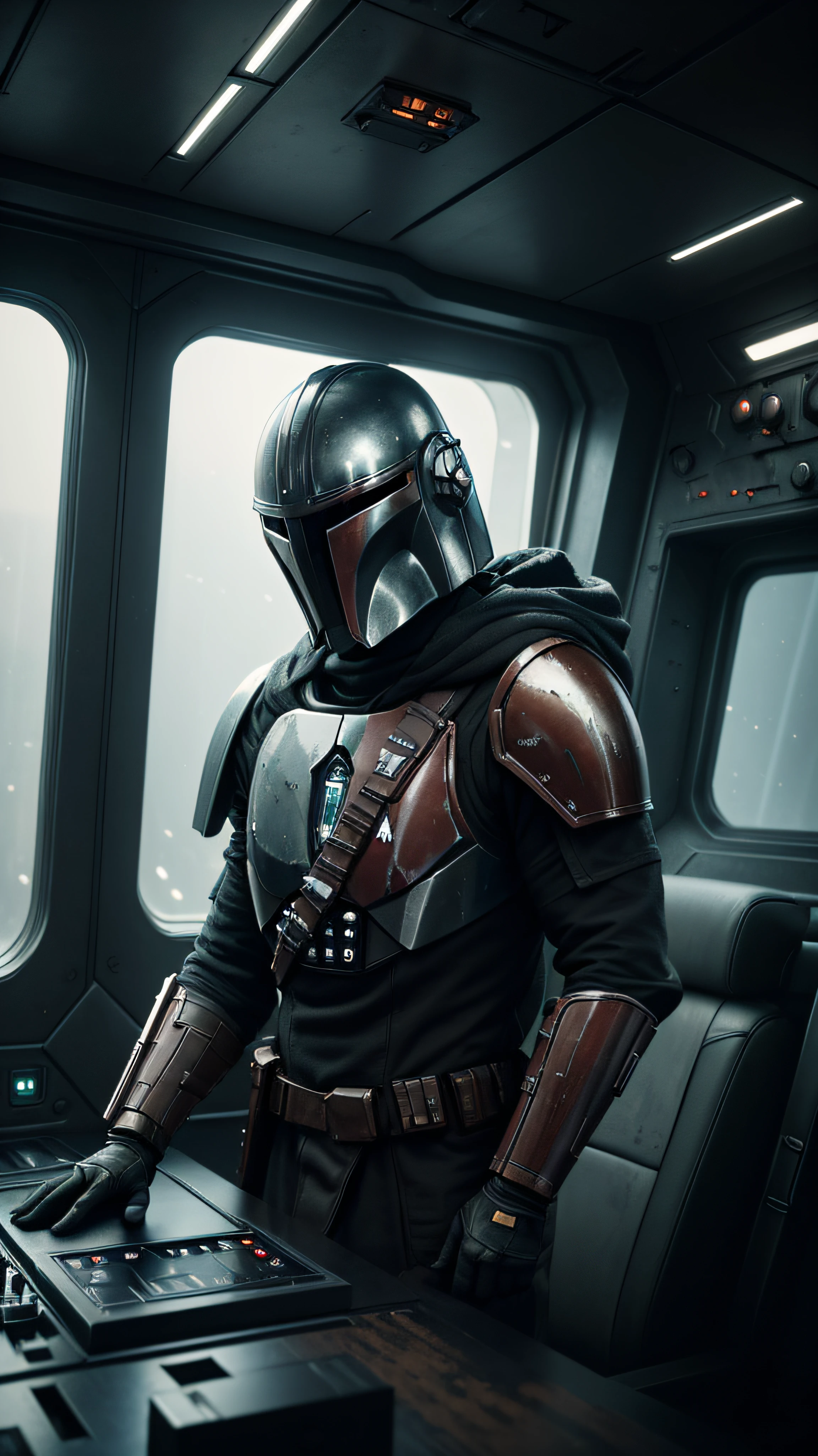 (((no human))),RAW photo, cinematic masterpiece, majestic epic composition, dvd screenshot of 2022 george lucas movie The Mandalorian, DVD screengrab, 2022s cinema, (movie scene, Mandalorian in the glass cockpit of a spaceship, behind the controls/), full shot, epic dynamic frame, dynamic pose, motion blur, sci-fi, cyber, (((cienatic look))), cinematic light, rim light, film grain, natural skin texture, 24mm, 4k textures, (highly detailed worn metal texture:1.3), (rust, dirt, dust, scratches, abrasions on the metal texture:1.2), soft cinematic light, adobe lightroom, photolab, hdr, intricate, elegant, (complex, intricate , insane highly detailed sci-fi background inside a spaceship in a sci-fi movie:1.1), absurdes, ((((cinematic look)))), soothing tones, insane details, intricate details, hyperdetailed, low contrast, soft cinematic light, dim colors, exposure blend, hdr, faded, (high detailed skin:1.2), 8k uhd, dslr, soft lighting, high quality, film grain, Fujifilm XT4 , dark studio, (rim light:1.2), two tone lighting, dimly lit, low key, (darken:1.2), (dark shot:1.3), exposure blend, hdr, professional color grading, complimentary colors, adobe lightroom, photolab, professional color correction, post-processing, aerial perspective, particles and dust in beams of light