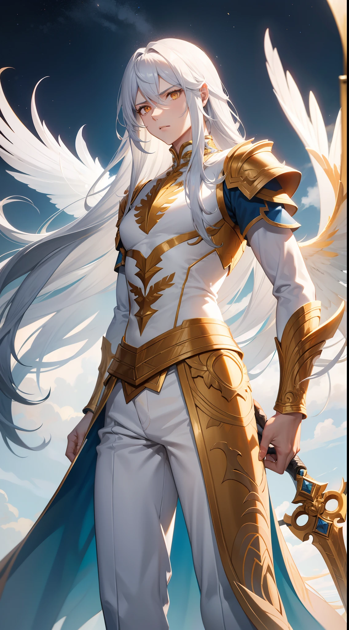 Tall guy, Long silver hair, Orange Eyes, white tight top, Blue Pants, Gold Elements, feathers, one wing, anger, 4k, HD, Good detail