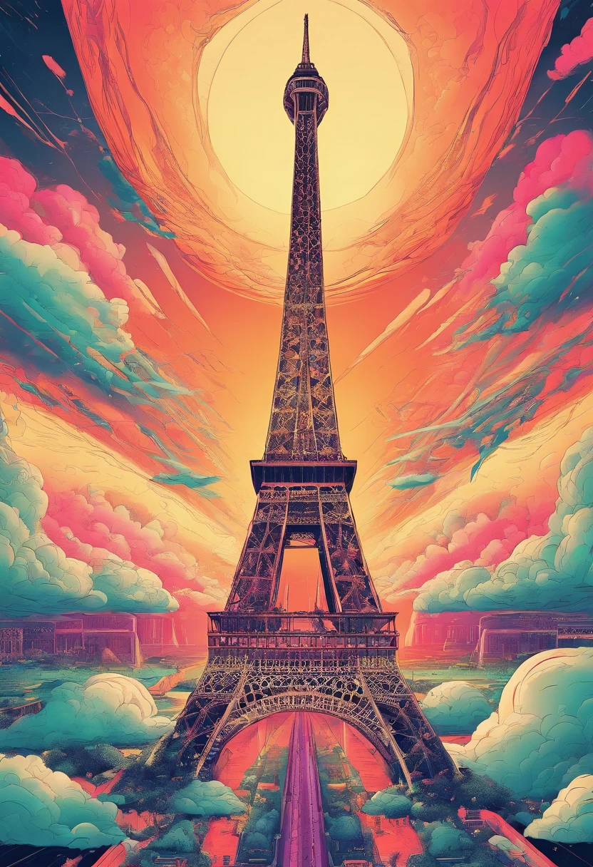 Rending Thrust, using the eiffel tower like a spear, sunset and clouds , underground, best quality, masterpiece