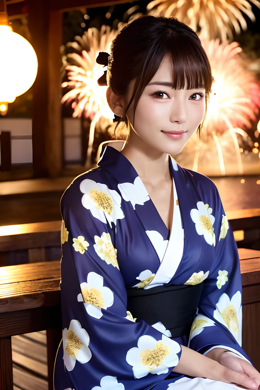 (8K、Raw photography、top-quality、masterpiece:1.2)、(reallistic、Photorealsitic:1.37)、The ultra -The high-definition、1 girl in、cute little、独奏、natta、Sitting、date、(Nasal redness)、(A smile:1.1)、(Closed)、Colossal tits、beautidful eyes、(short-hair:1.2)、(((Fireworks in the sky、natta)))、(((Kimono、Yukata)))、cleavage on the chest、perfect bodies、Perfect fingers、profetional lighting、goddess of Japan、gravure、Detailed face and skin texture、A detailed eye、Raw photo