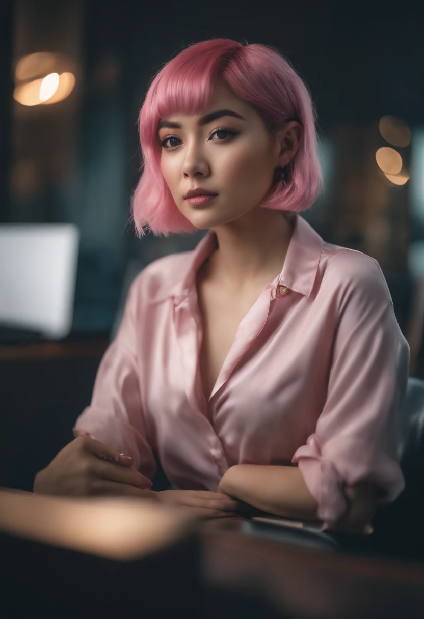 there is an asian woman sitting at a desk , cute girl with short pink hair, with pink hair, modern portrait shot 8 k, pink short hair, luts, short pink hair, flowing pink hair, jovana rikalo , kawaii realistic portrait, portrait aleksandra waliszewska, photorealistic fujifilm