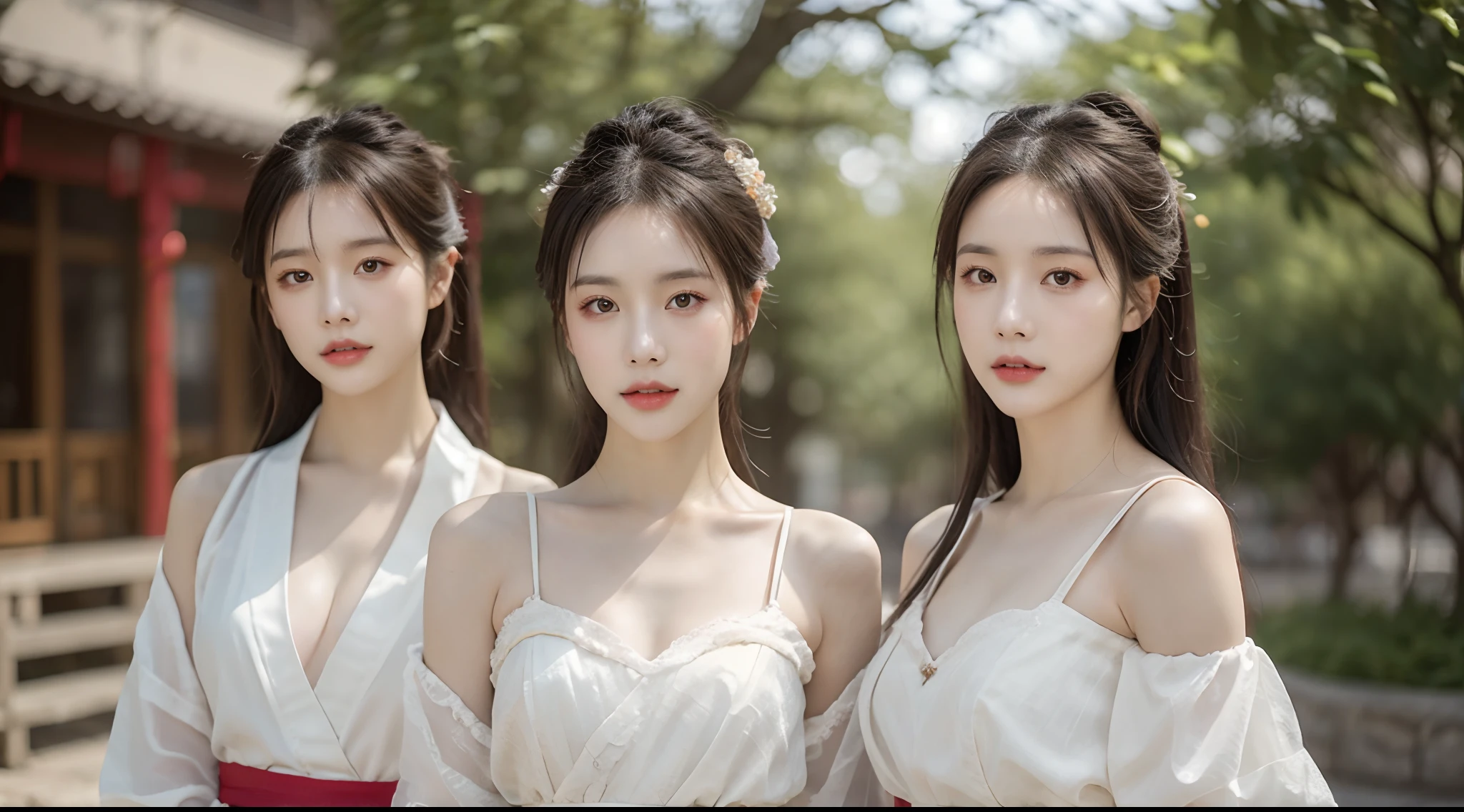 (High-resolution 8K raw photos are realistic,best qualtiy)，Fashion trendy beautiful and charming woman，gentle and charming Chinese beautiful woman，delicate and sexy collarbones，charming oval face，二重まぶた，Ingenious[peaches]flower eyes，redish pink lips，small-nose，exposed bare shoulders，focus at face，closeup of face，Hyper-detailing，(China-style，Gauze skirt，Hanfu:1.3)，Background bokeh，cleavage，(中景 the scene is，Solo)，lacing， Fresh and impressive， natural color，Front light，rely on，sitted，Body proportions are normal，Leaning together，Garbage heap，There is water on the ground，Swelling，There is a tattoo on the chest