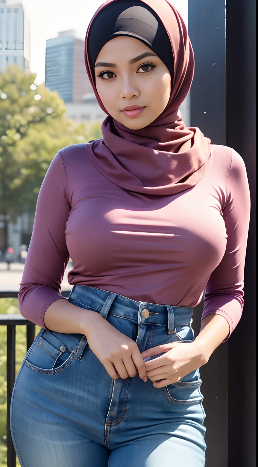 (Best quality:1.3), hijab, long sleeve tight shirt, medium breasts, jeans, smiling, pov, close shot, park background