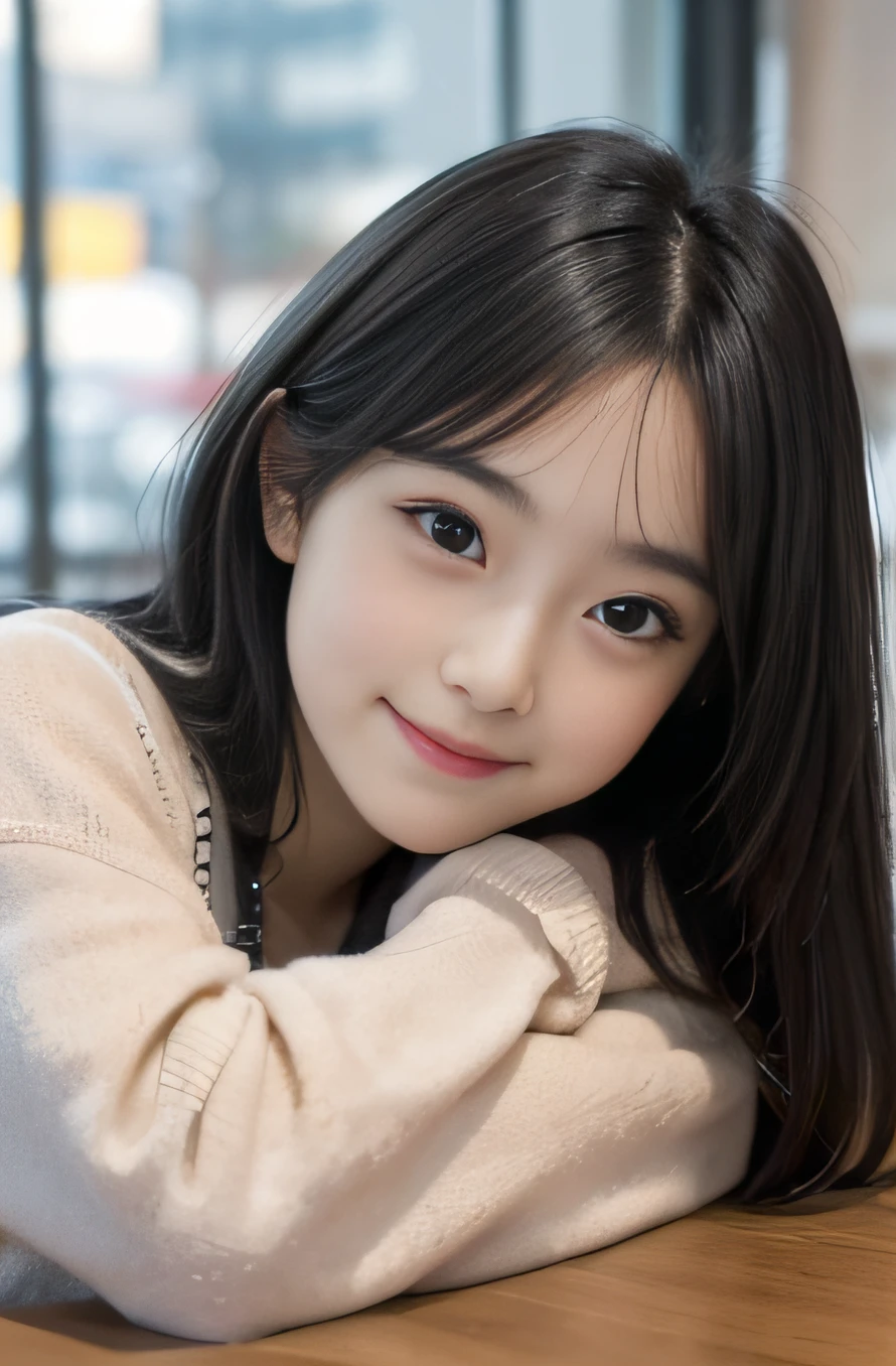1girl, black hair, (14 years old:1.3), A girl is sitting at the table across from me in the cafe, a cup of cafe latte on the table, She is chatting with me, (whole body:1.3), a somewhat long face, loving gaze, (8k, RAW photo, best quality, masterpiece:1.2), High detail RAW color photo, professional photograph,(realistic, photo realistic:1.2), ((best quality)), bokeh, using reflectors, f/1.4, 50mm, japanese girl, detailed beautiful face, finely detailed face, (bashful smile:1.2),captivating smile, beautiful, extremely pretty, cute like a doll, female idol, round big eyes, small nostrils,
