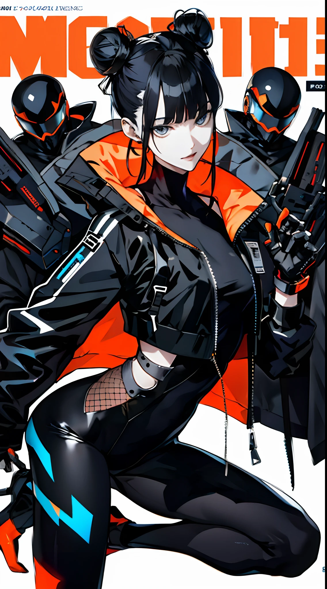 (MagazineCover:1.3),Ulzzang-6500,(Realistis:1.3)(Original:1.2),tmasterpiece,Best quality at best,Beautiful clean face,full body shot shot,1womanl,extremely hyper, slim sexy body,(Wearing a black and white and cobalt sci-fi technology mask and headphones with complex electronics),wearing black techwear jacket and orange trousers with buckle and tape,A pair of cyberpunk-inspired mechanical heels,(Crystal necklace),posed for photo,(white braided bun hair),full body shot shot