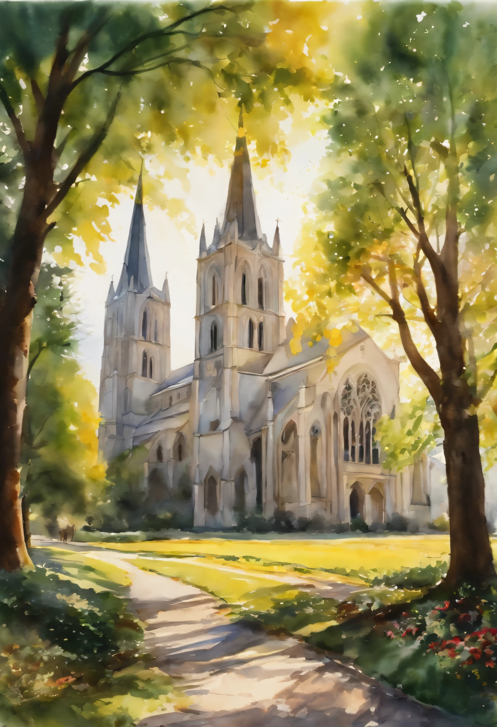 watercolor paiting、cathedral、The tree々、Bright sun