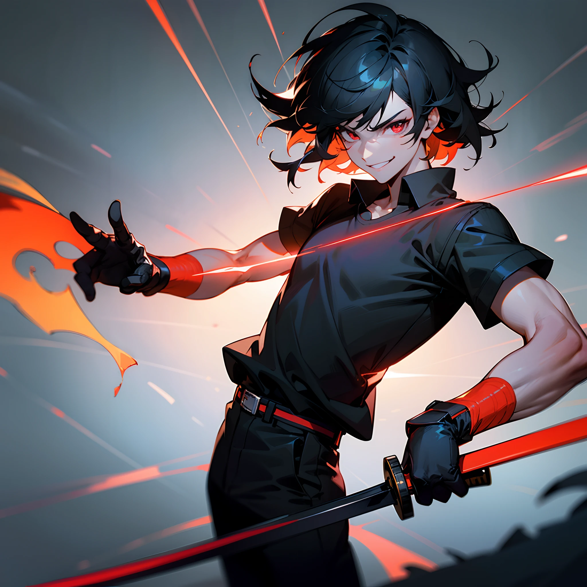 1youngman, short black messy hair, red eyes, black t-shirt, baggy black pants, red gloves, smirk, holding a katana, solo, cyberpunk, neon, best quality, masterpiece, portrait, night city background, looking at the camera, from the front, 1result, vibrant, detailed, perfect anatomy, detailed art, high definition, 4k, high resolution, dynamic pose
