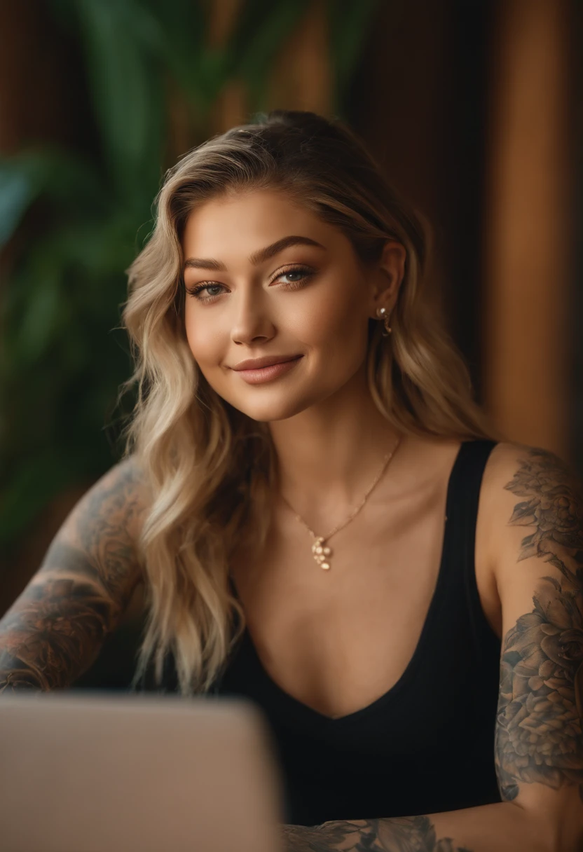 there is a woman sitting at a desk with a computer and a keyboard, looking at camera , portrait of Gigi Hadid, , tattooed , as a youtuber, looking at viewer ,smiling, modern portrait shot 8k, lens light, portrait of Gigi Hadid, Gigi Hadid cute, cinematic lens, wearing Knitted Sleeveless Tank Tops, canon ultra high definition, detailed face , detailed eyes , detailed arms