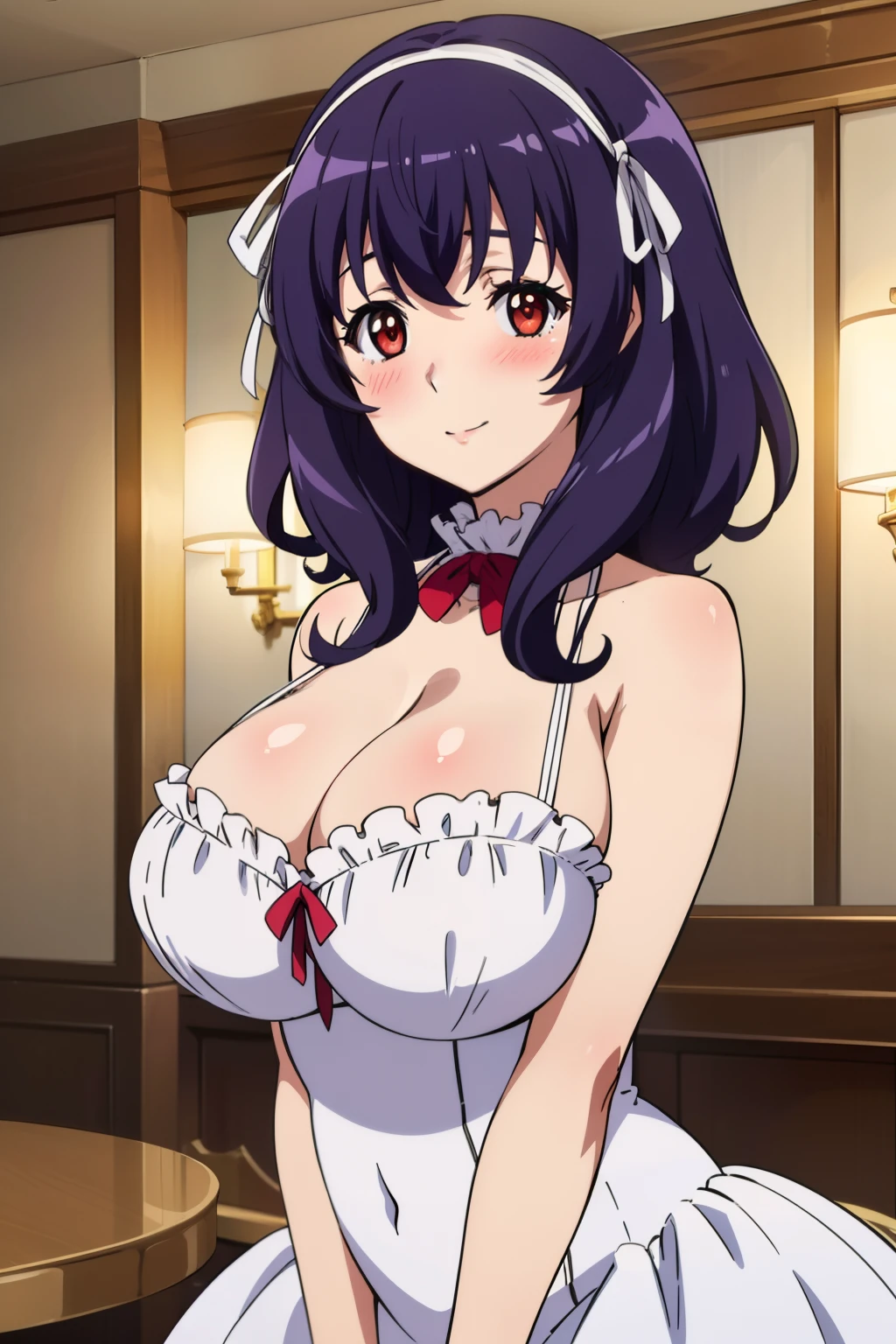 anime style, best quality, high resolution, 1girl, (gigantic breasts:1.2), yamanobe tomo, purple hair, red eyes, medium hair, cleavage, (frills:1.2), white frilled dress, looking at viewer, mall, (blush:1.2), happy, (crowd:0.5), hairband, Beautiful face