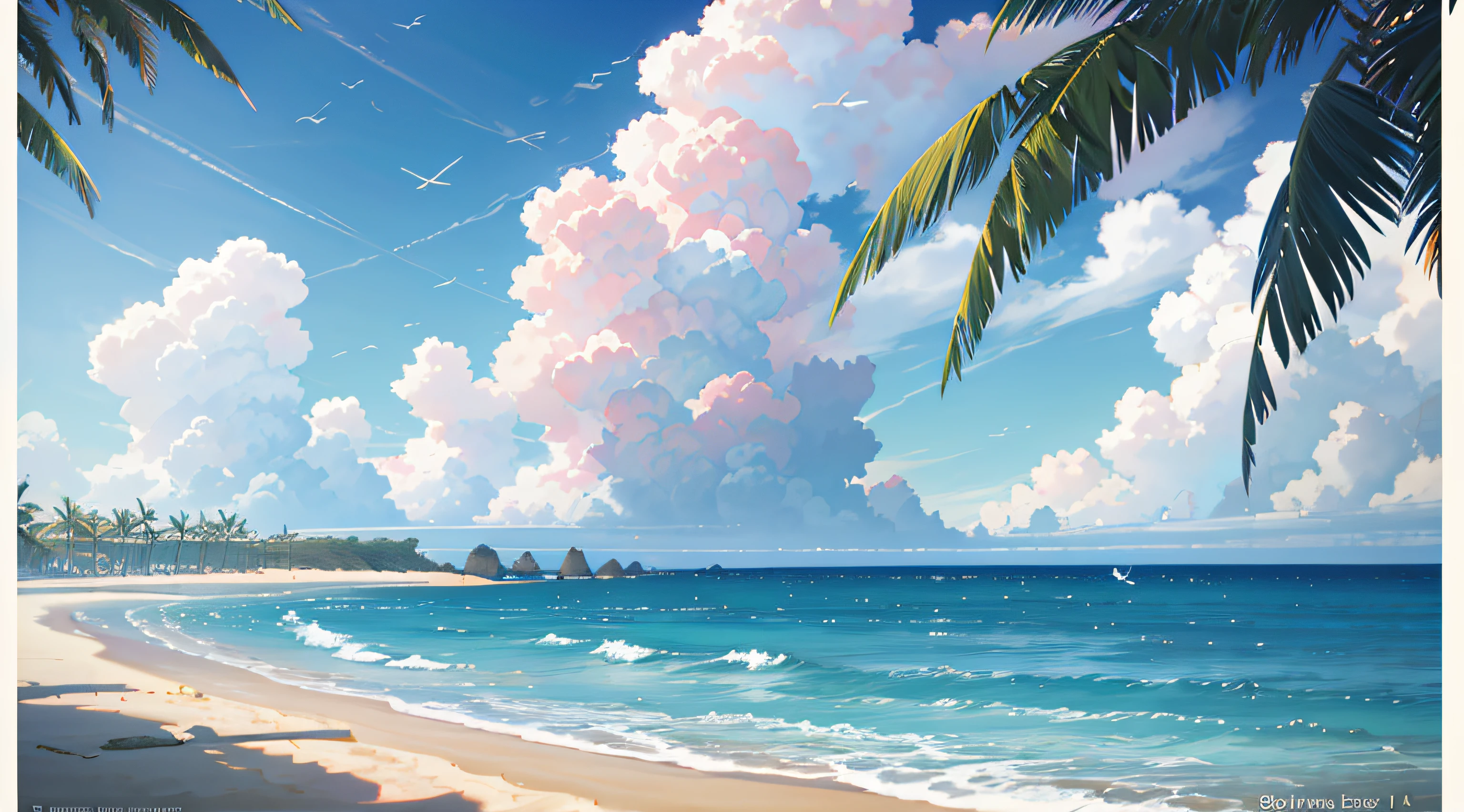 Painting of a beach with palm trees and a blue ocean - SeaArt AI