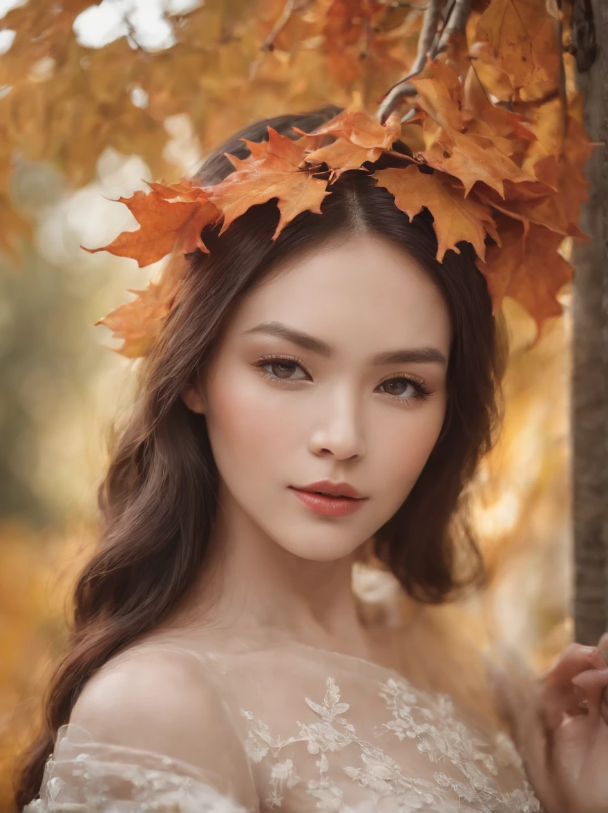 White face and white head，European woman holding autumn leaves，Close-up of the front of the face，closeup of face，Precise structure，The facial features are focused and precise， beautiful fantasy portrait, beautiful fantasy art portrait, Beautiful surreal portrait, fantasy portrait, fantasy art portrait, detailed matte fantasy portrait, portrait of a dark fantasy nymph, Asian goddess, Beautiful digital artwork, gorgeous digital art,Background fantastic black surreal，Beautiful young goddess,Colors are highly saturated and harmonious， Fantasy art Behance，Cinematic light and shadow，high-definition HDR