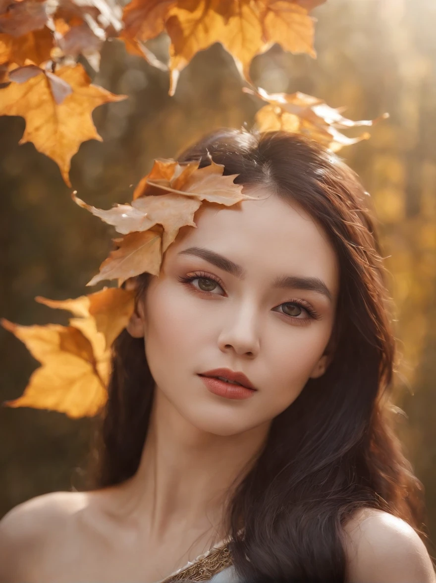 White face and white head，European woman holding autumn leaves，Close-up of the front of the face，closeup of face，Precise structure，The facial features are focused and precise， beautiful fantasy portrait, beautiful fantasy art portrait, Beautiful surreal portrait, fantasy portrait, fantasy art portrait, detailed matte fantasy portrait, portrait of a dark fantasy nymph, Asian goddess, Beautiful digital artwork, gorgeous digital art,Background fantastic black surreal，Beautiful young goddess,Colors are highly saturated and harmonious， Fantasy art Behance，Cinematic light and shadow，high-definition HDR