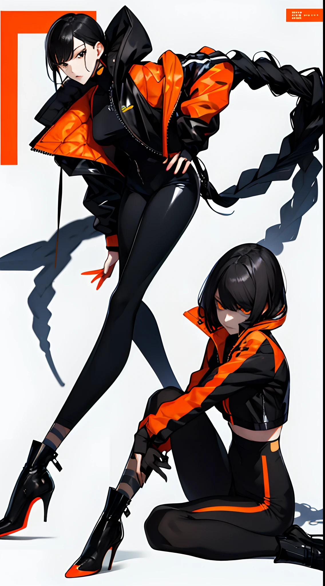 （MagazineCover：1.3），Ulzzang-6500，（Realistis：1.3）（Original：1.2），tmasterpiece，Best quality at best，Beautiful clean face，full body shot shot，1womanl，Extremely tall, slender and sexy body，（Wearing a black and white and cobalt sci-fi technology mask and headphones with complex electronics），wearing black techwear jacket and orange trousers with buckle and tape，A pair of cyberpunk-inspired mechanical heels，（Crystal necklace），posed for photo，（white braided bun hair），full body shot shot