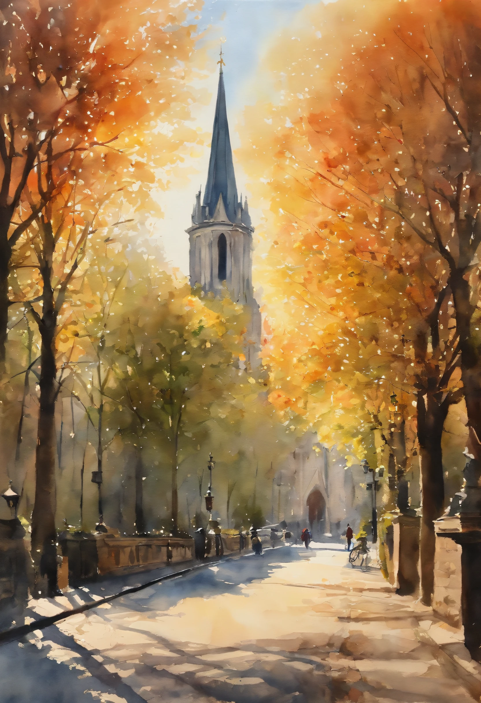 watercolor paiting、cathedral、The tree々、Bright sun