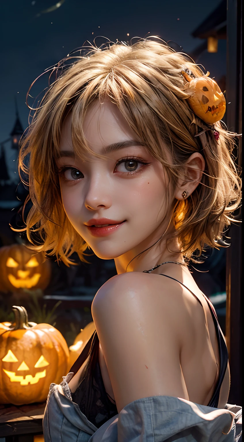 (masterpiece、top-quality、top-quality、Beautifully Aesthetic:1.2)、(((Girl in cute glowing jack lantern head)))、((I can't see the girl's face))、halloween night、ighly detailed、colourfull、highestdetailed, blonde short hair, midshot, centered image, ultra detail, extremely face detail, extremely eye detail, pretty smile, gorgeous