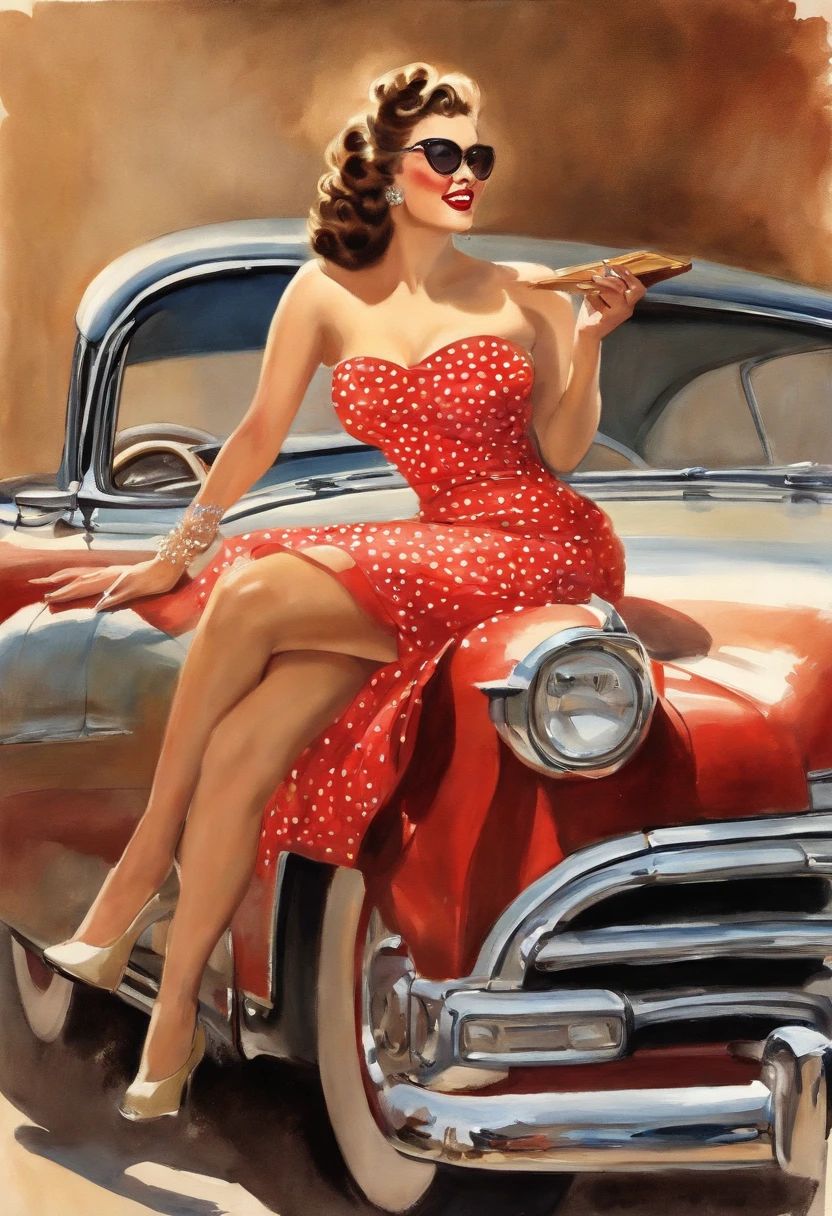 A watercolor pin up painting of a stunning beautiful girl, sitting on the bonnet of a vintage Hudson Hornet car . from the 1950s. ((1 girl , solo)), ((1 people)) long curvy hair and be dressed in a fitted red dress ,with white polka dots on her dress, , sunglass perched on her head. The overall mood of the image should be one of glamour, fun, and adventure. Masterpiece pin up art by Girl Elvgren.