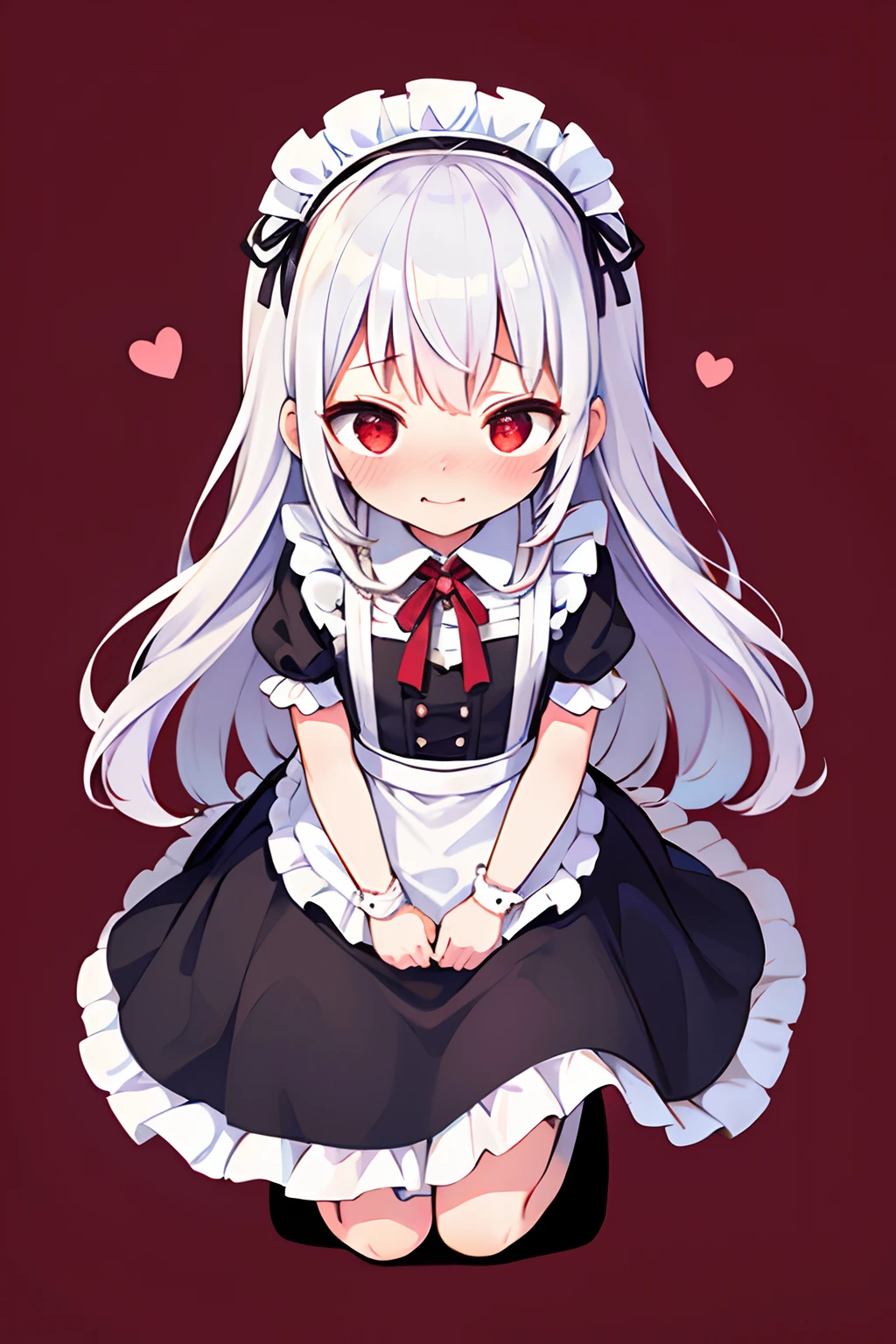 8K picture quality，silber hair,Red-eyed girl,cute little ,Long hair,Heartwarming,a miniskirt,****ta,A smile,Thumbnail styles，maid clothes，fluffly，Looking down from above,full body Esbian,heartbackground,Embarrassed expression