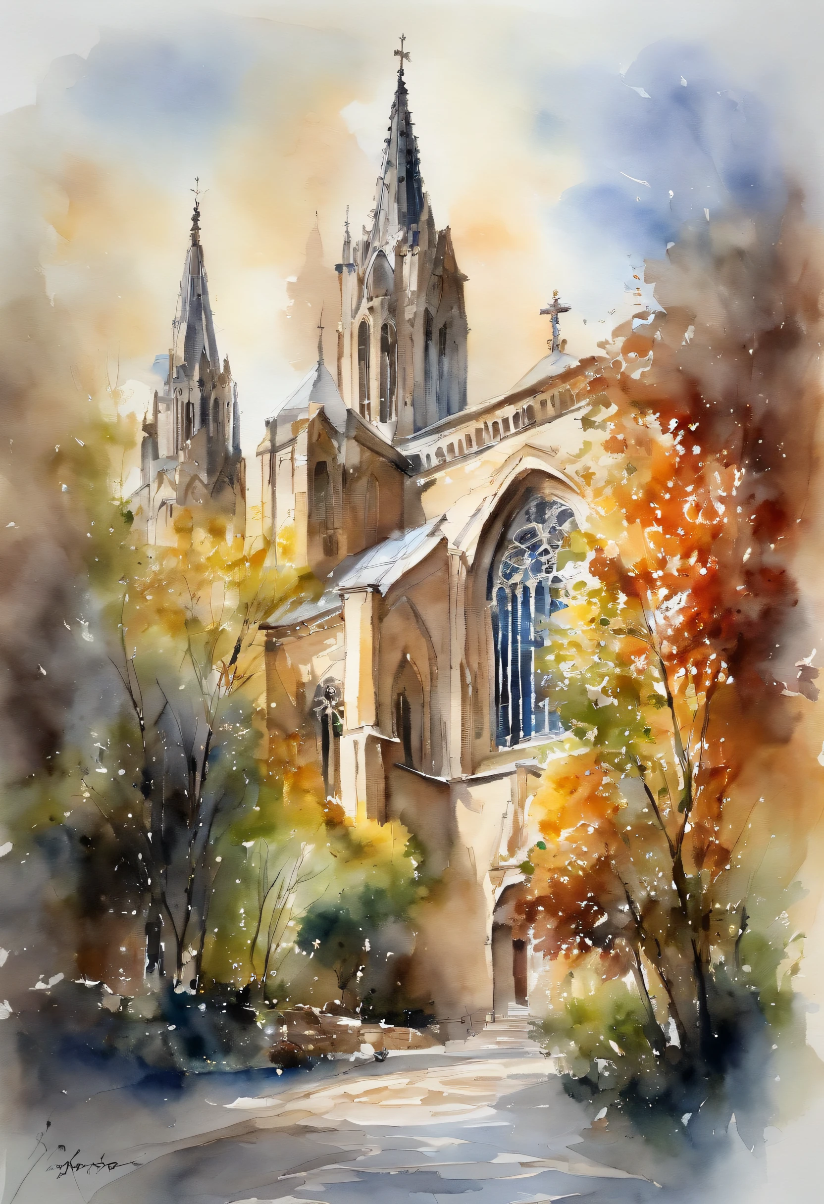 watercolor paiting、The majestic cathedrals of Europe、Bright sun