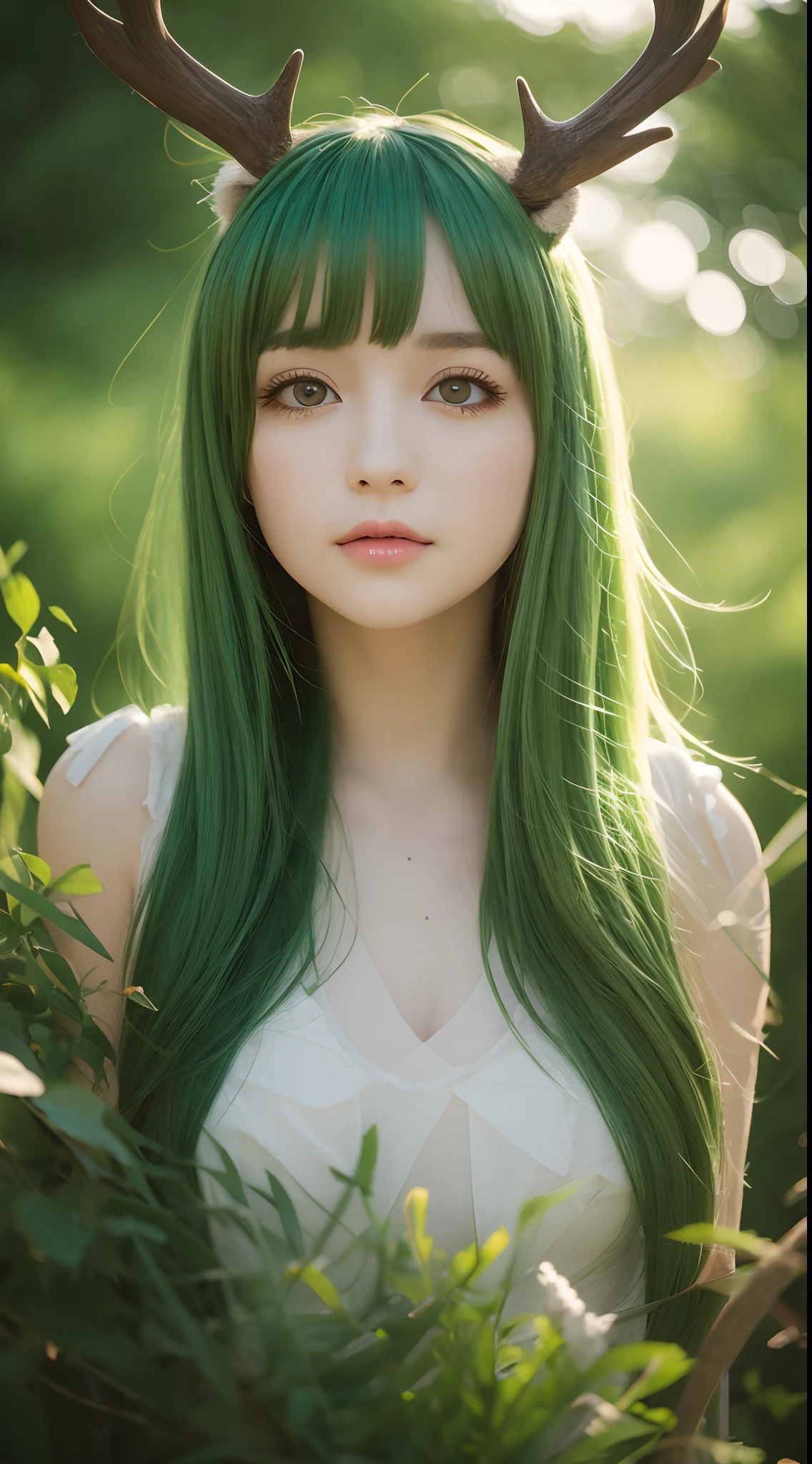 High-quality graphics,tmasterpiece,Bokeh,Green-haired beauty,Yellow vertical pupils,deer antlers,Maid decoration,Soft lighting,stooped,Playful,Sharp focus,Ultra-detailed,Portrait,landscape,Vivid colors,Soft lighting