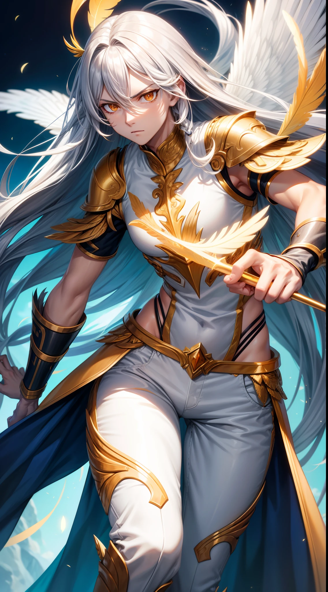 Tall guy, Long silver hair, Orange Eyes, white tight top, Blue Pants, Gold Elements, feathers, one wing, anger, 4k, HD, Good detail