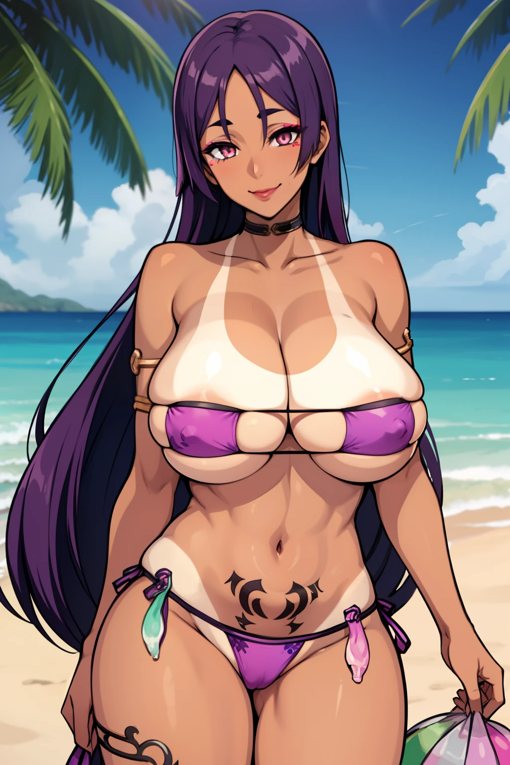 hmmr1, minamoto no raikou (fate), eyepatch bikini, purple bikini, armlet, choker, collarbone, bare shoulders, ribbon, beach, cowboy shot, smile,huge breasts,dark-skinned female,(tan:1.6),(inner pink hair) ,glowing eyes , lipstick,makeup,pose,plam tree,tattoo,spread legs,cleft of venus ,(condom belt:1.2),