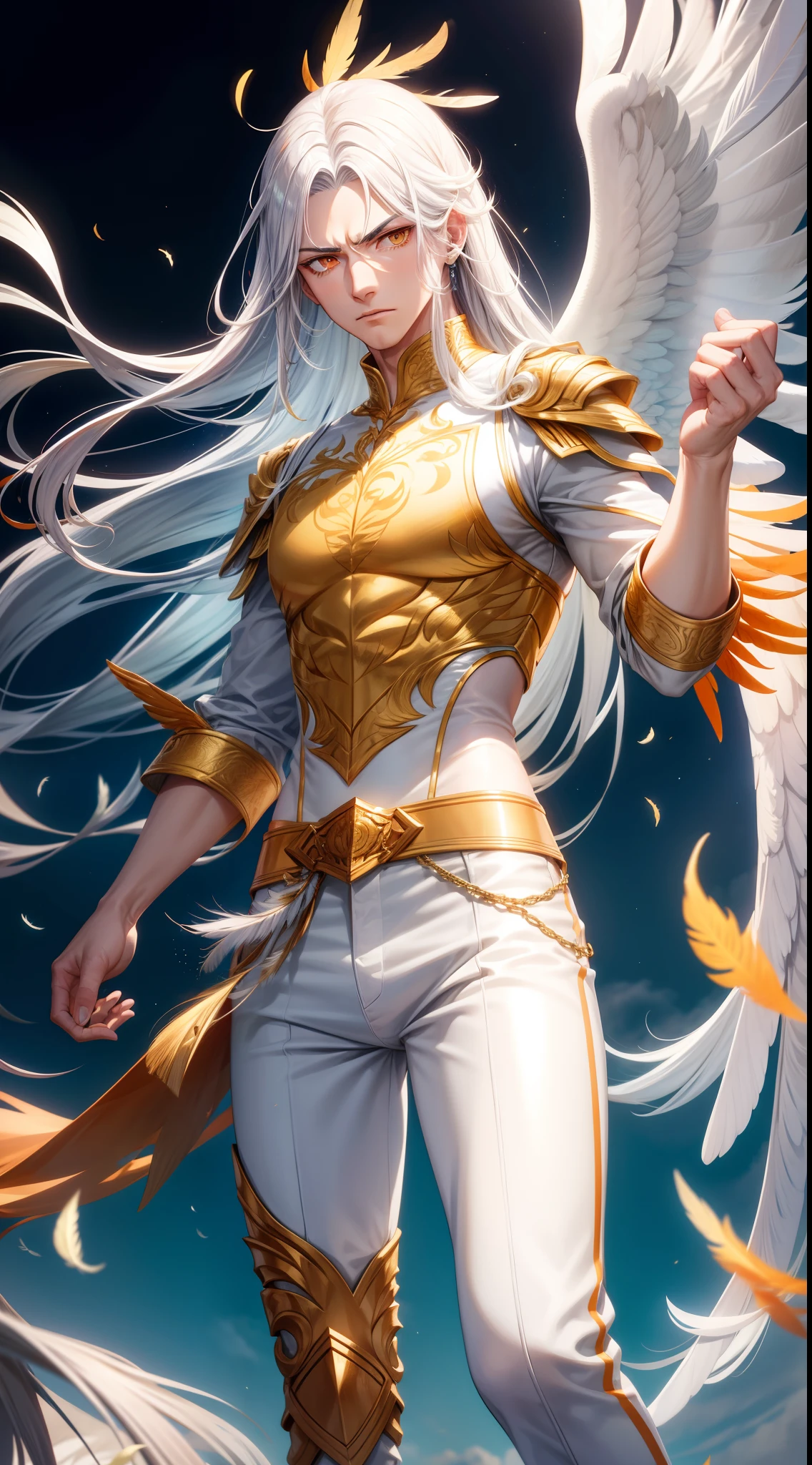 Tall guy, Long silver hair, Orange Eyes, white tight top, Blue Pants, Gold Elements, feathers, one wing, anger, 4k, HD, Good detail