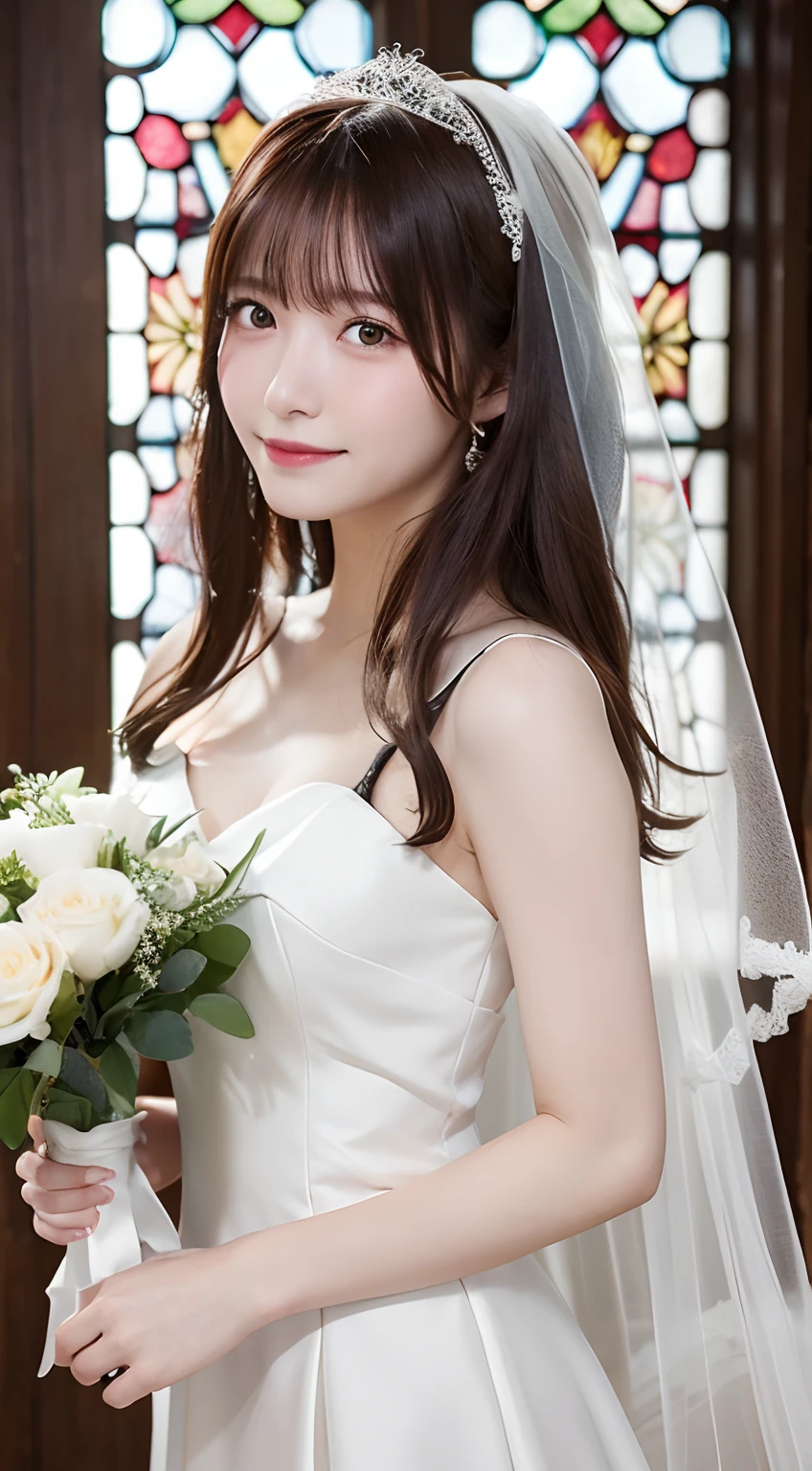 A close up of a woman in a wedding dress holding a bouquet - SeaArt AI
