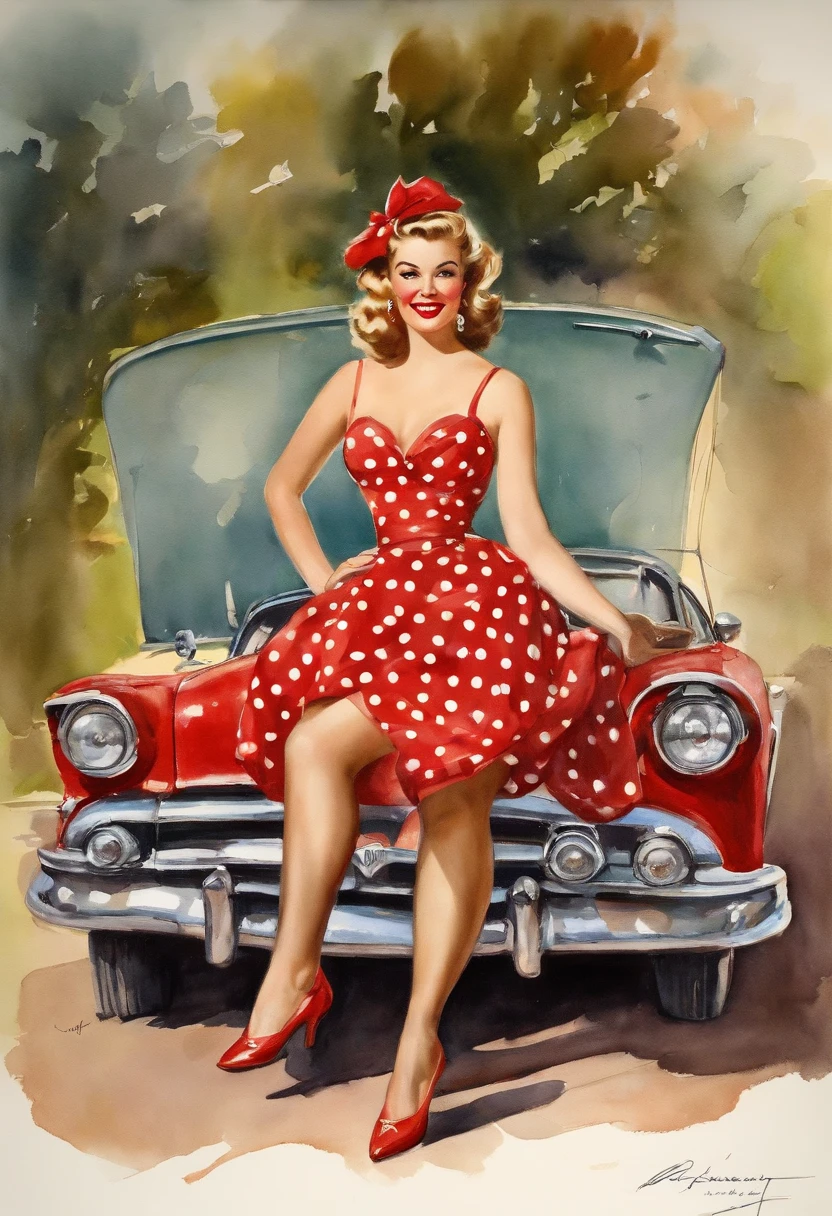 A watercolor pin up painting of a stunning beautiful girl, sitting on the bonnet of a vintage Hudson Hornet car . from the 1950s. ((1 girl , solo)), ((1 people)) long curvy hair and be dressed in a fitted red dress ,with white polka dots on her dress, , sunglass perched on her head. The overall mood of the image should be one of glamour, fun, and adventure. Masterpiece pin up art by Girl Elvgren.