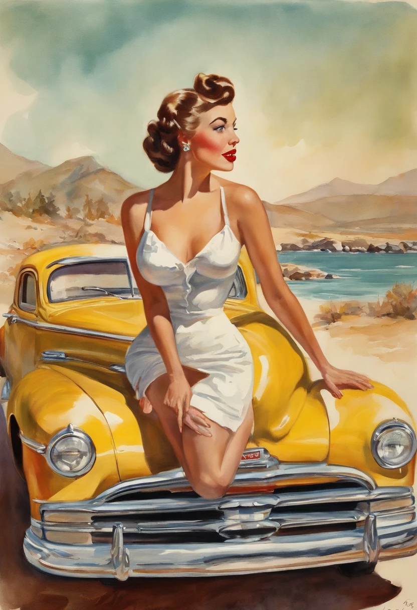 A watercolor pin up painting of a stunning beautiful girl, sitting on the bonnet of a vintage Hudson Hornet car . from the 1950s. ((1 girl , solo)), ((1 people)) long curvy hair and be dressed in a fitted red dress ,with white polka dots on her dress, , sunglass perched on her head. The overall mood of the image should be one of glamour, fun, and adventure. Masterpiece pin up art by Girl Elvgren.
