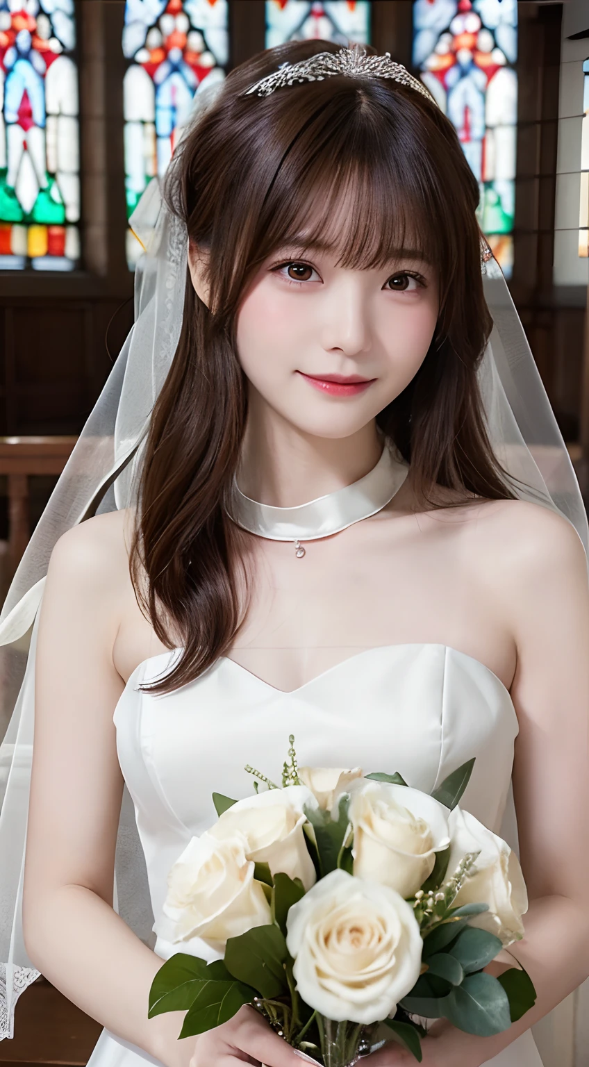 (top-quality,masterpiece:1.3,超A high resolution,),(ultra-detailliert,Caustics),(Photorealsitic:1.4,RAW shooting,)Ultra-realistic capture,A highly detailed,High resolution 16K human skin close-up。 Skin texture is natural、,The pores are、Must be detailed enough to be easy to identify。 Skin should look healthy with even tones。 Use natural light and color,女の子1人,japanes,kawaii,22year old,Crying and laughter,Looking at the camera,Natural brown hair,half up,Medium-sized breasts,wedding veil,Pure White Wedding Dresses,Having a bouquet,erect through,Looking at the camera,chapel,(stain glass),Flooded with light,(Front view),front-facing view,cowboy shot,natural soft light