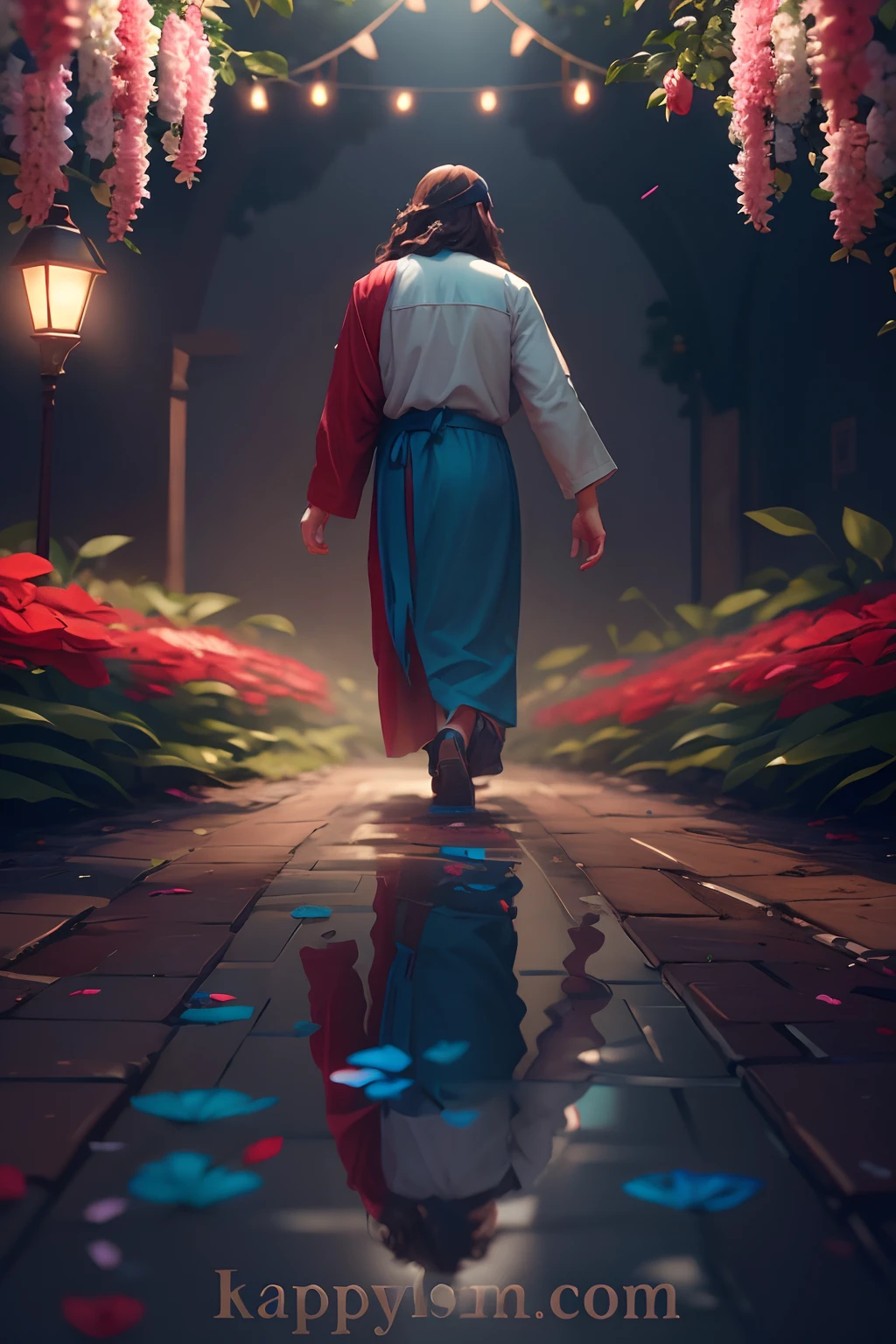 Boy Jesus Rose Flower Red Blue Blue Green Garden lighti ng Photo Background Remove 8K