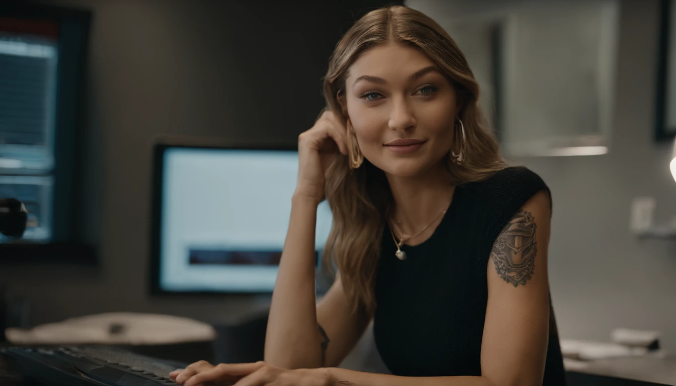 portrait of a woman sitting at a desk with a computer and a keyboard, looking at camera , portrait of Gigi Hadid, , tattooed , as a youtuber, looking at viewer ,smiling, modern portrait shot 8k, lens light, portrait of Gigi Hadid, Gigi Hadid cute, cinematic lens, wearing Knitted Sleeveless Tank Tops, photorealistic fujifilm , detailed face , detailed eyes , detailed arms
