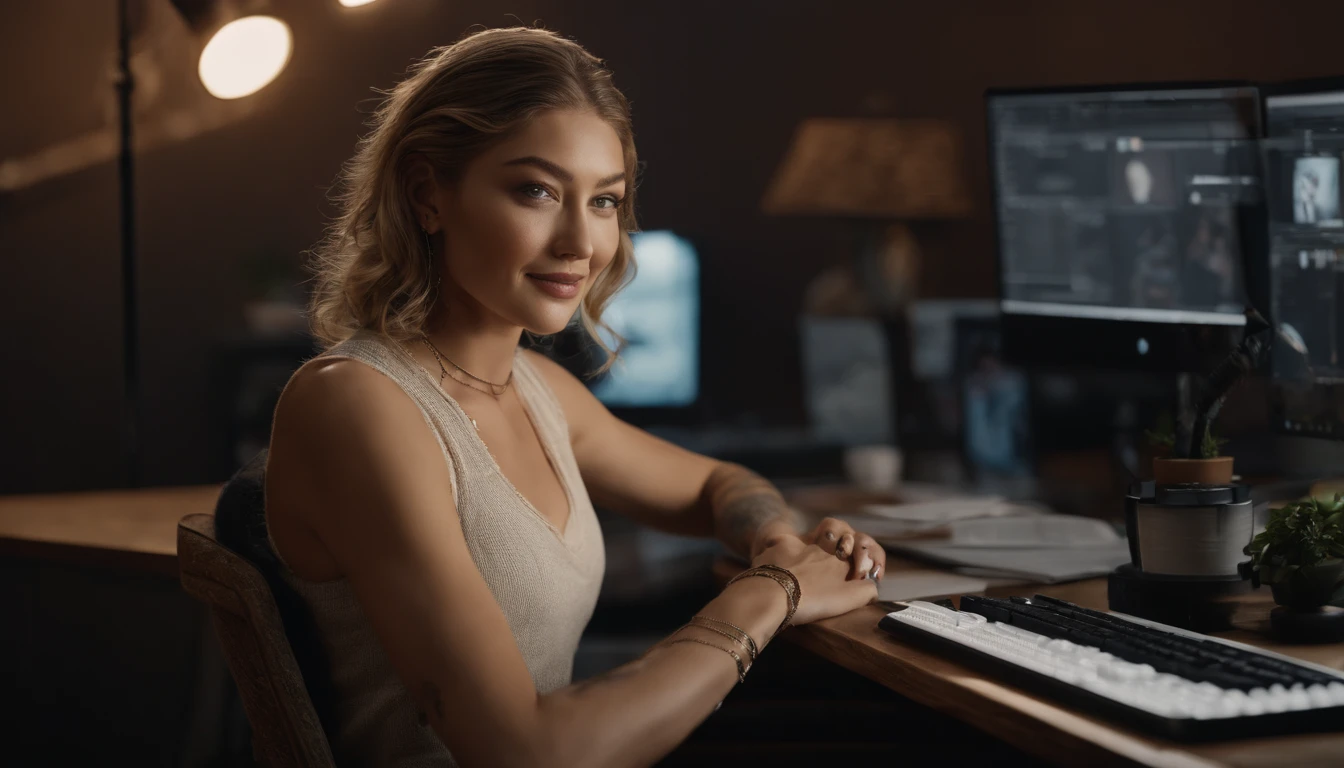 portrait of a woman sitting at a desk with a computer and a keyboard, looking at camera , portrait of Gigi Hadid, , tattooed , as a youtuber, looking at viewer ,smiling, modern portrait shot 8k, lens light, portrait of Gigi Hadid, Gigi Hadid cute, cinematic lens, wearing Knitted Sleeveless Tank Tops, photorealistic fujifilm , detailed face , detailed eyes , detailed arms