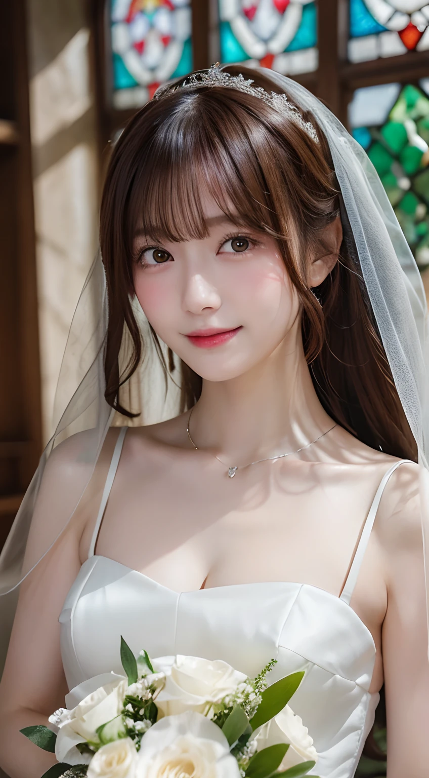 (top-quality,masterpiece:1.3,超A high resolution,),(ultra-detailliert,Caustics),(Photorealsitic:1.4,RAW shooting,)Ultra-realistic capture,A highly detailed,High resolution 16K human skin close-up。 Skin texture is natural、,The pores are、Must be detailed enough to be easy to identify。 Skin should look healthy with even tones。 Use natural light and color,女の子1人,japanes,kawaii,22year old,Crying and laughter,Looking at the camera,Natural brown hair,half up,Medium-sized breasts,wedding veil,Pure White Wedding Dresses,Having a bouquet,erect through,Looking at the camera,chapel,(stain glass),Flooded with light,(Front view),front-facing view,cowboy shot,natural soft light