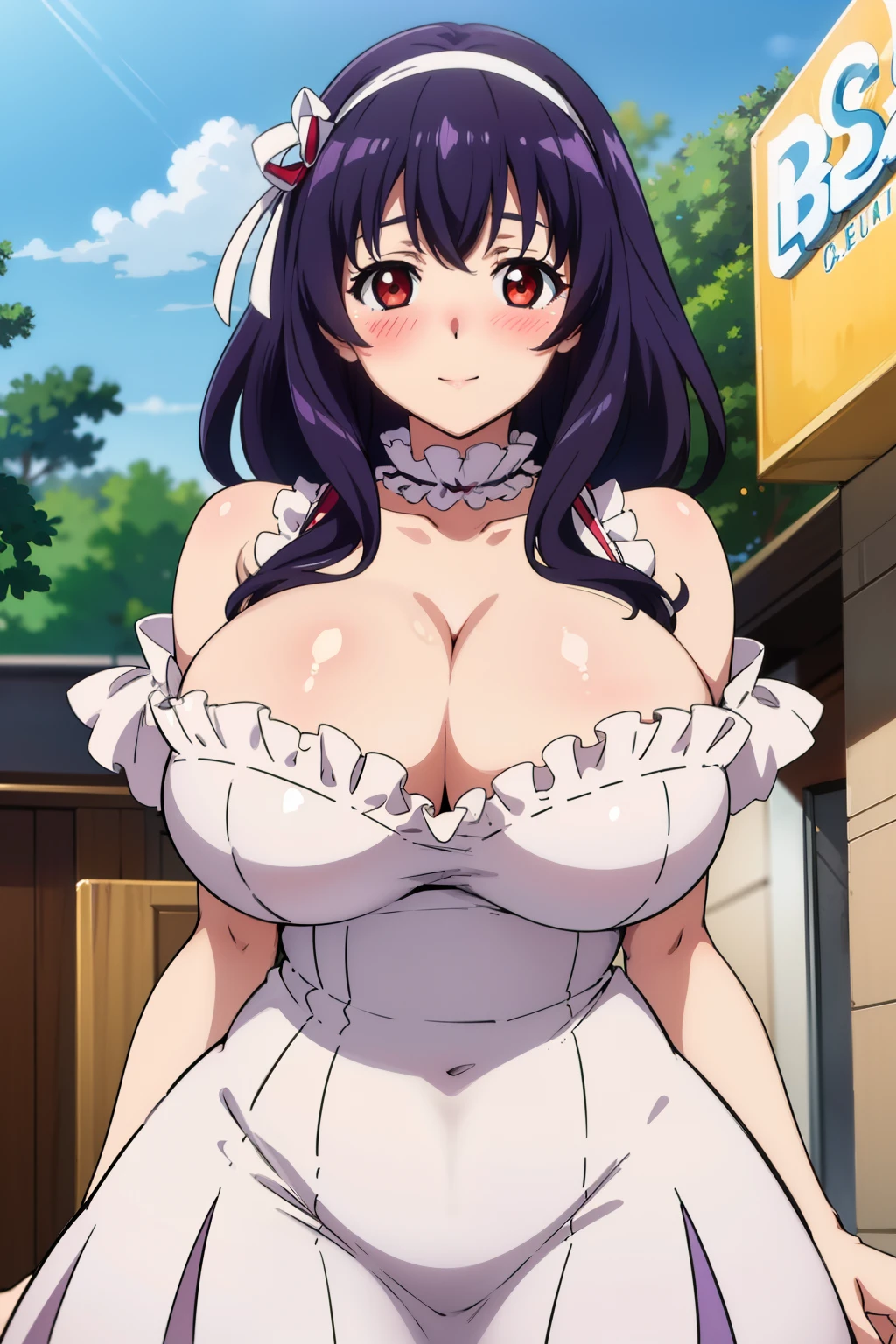 anime style, best quality, high resolution, 1girl, (gigantic breasts:1.4), yamanobe tomo, purple hair, red eyes, medium hair, cleavage, (frills:1.2), white frilled dress, looking at viewer, mall, (blush:1.2), happy, (crowd:0.5), hairband, Beautiful face