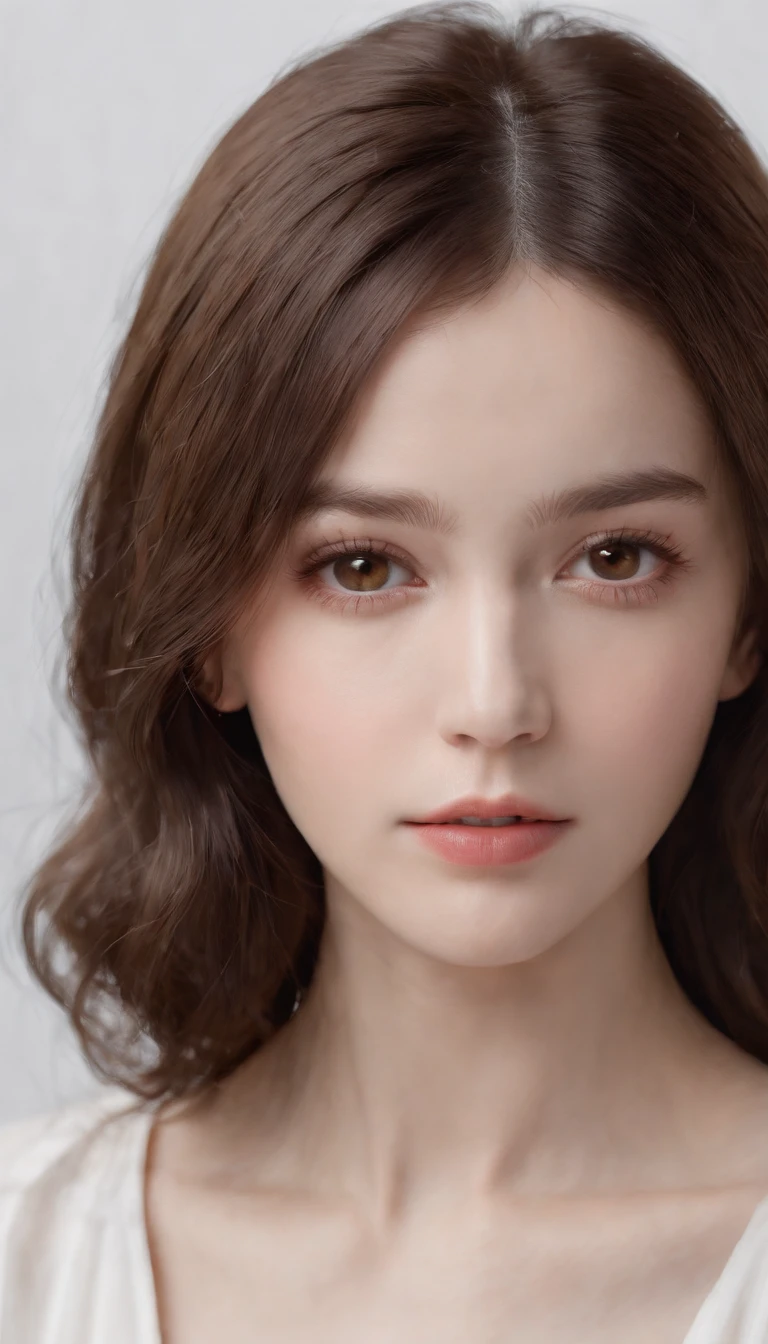 Masterpiece,Best quality,(Photorealistic:1.3),Ultra detailed,Beautiful,romanticism lain,1girll,Small face,Pale skin,((Brown eyes)),Black long hair,(White background:1.4),Ray tracing,